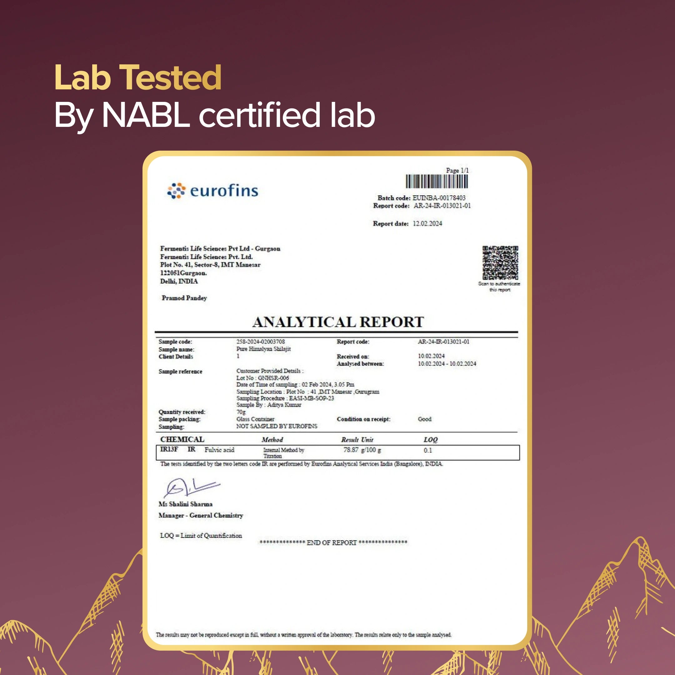 Eurofins analytical report with NABL certification on a purple background