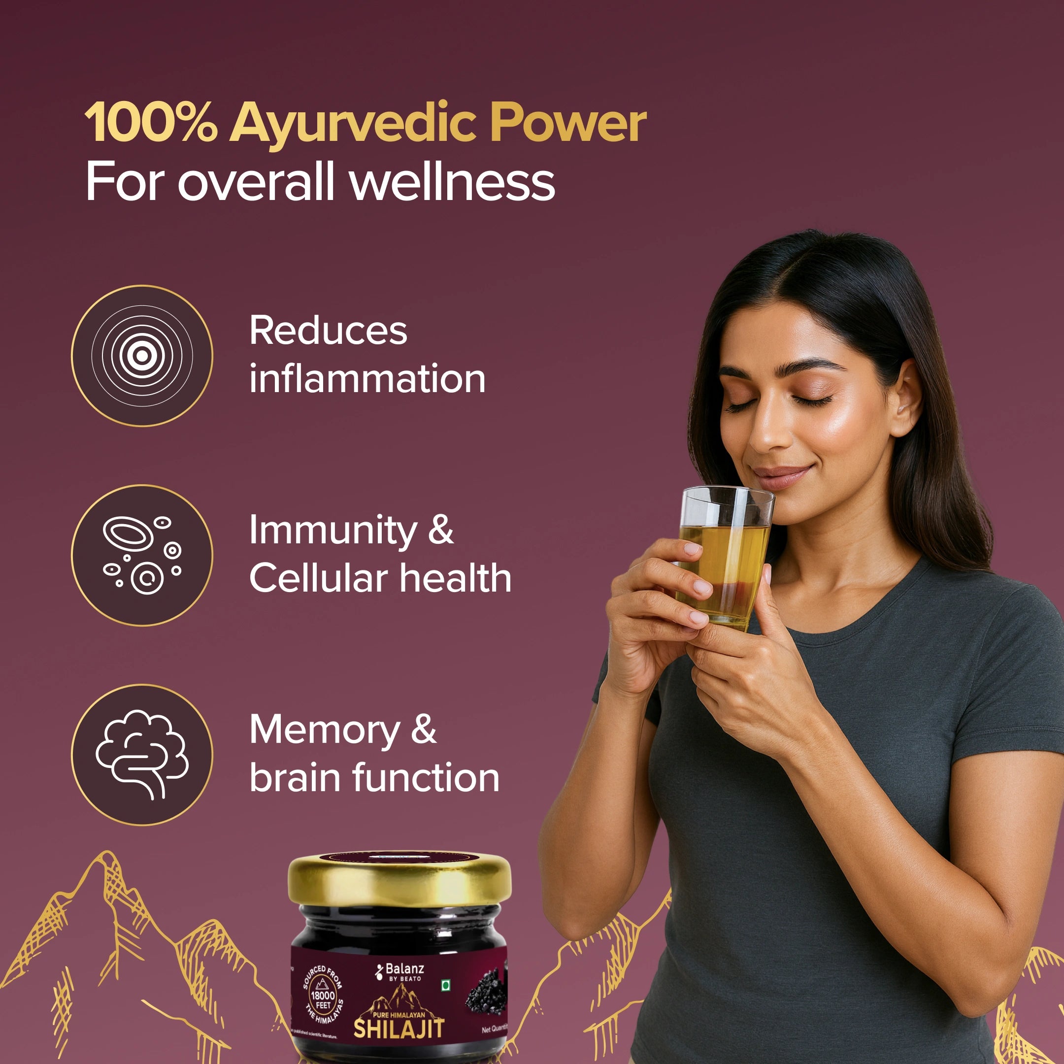 Woman holding a glass of juice with Shilajit jar, text about Ayurvedic benefits on a purple background