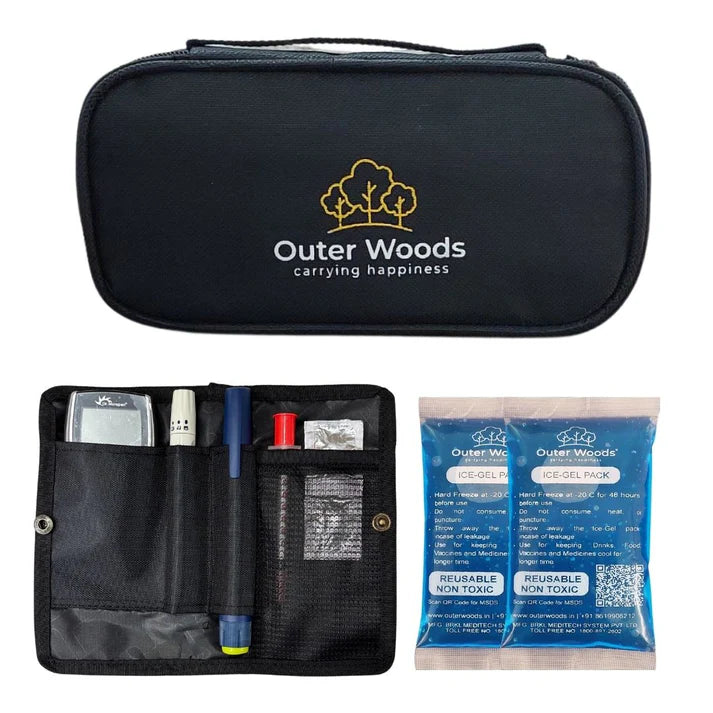 Black carrying case with Outer Woods logo, open to show items and a reusable nose mask packaging.