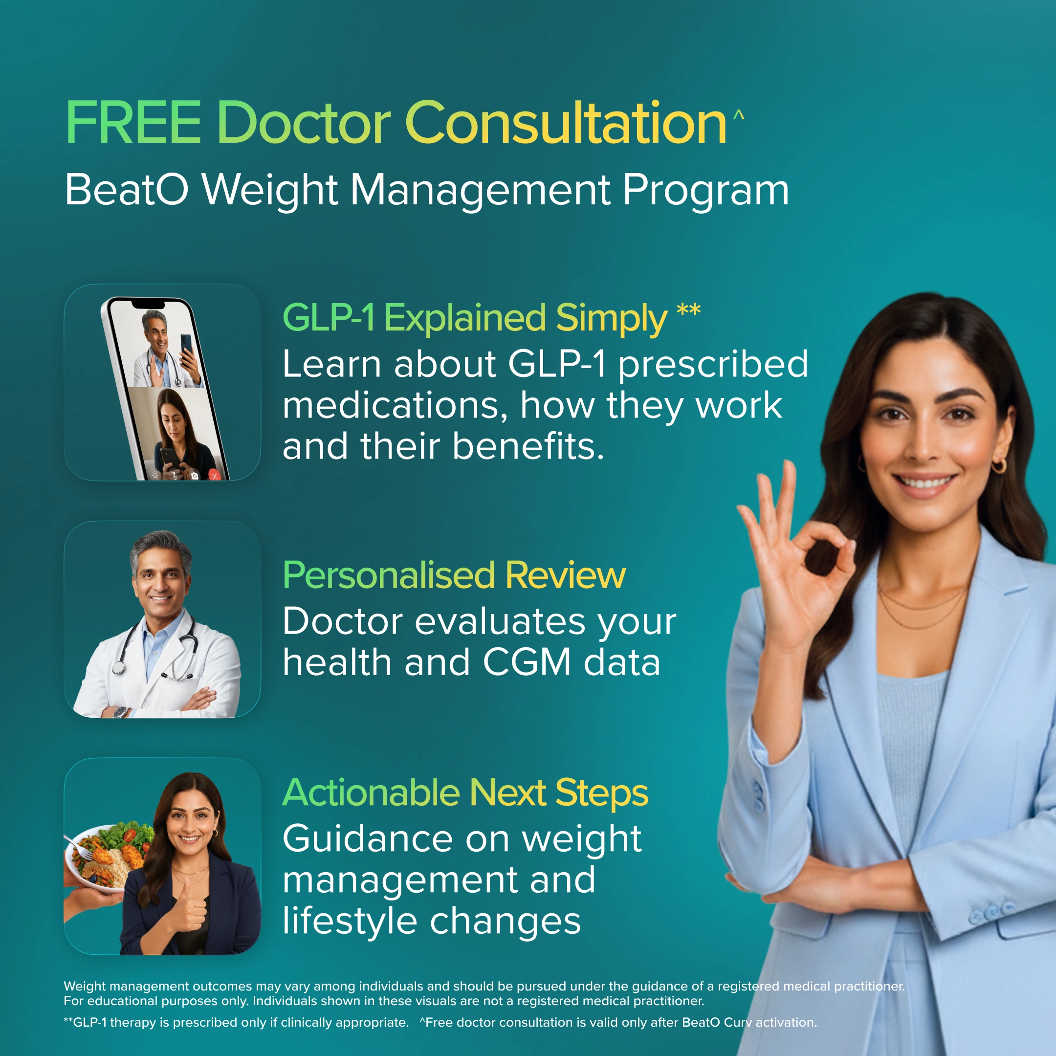 Advertisement for a weight management program with a woman in a blue suit and text about GLP-1 and doctor consultations.