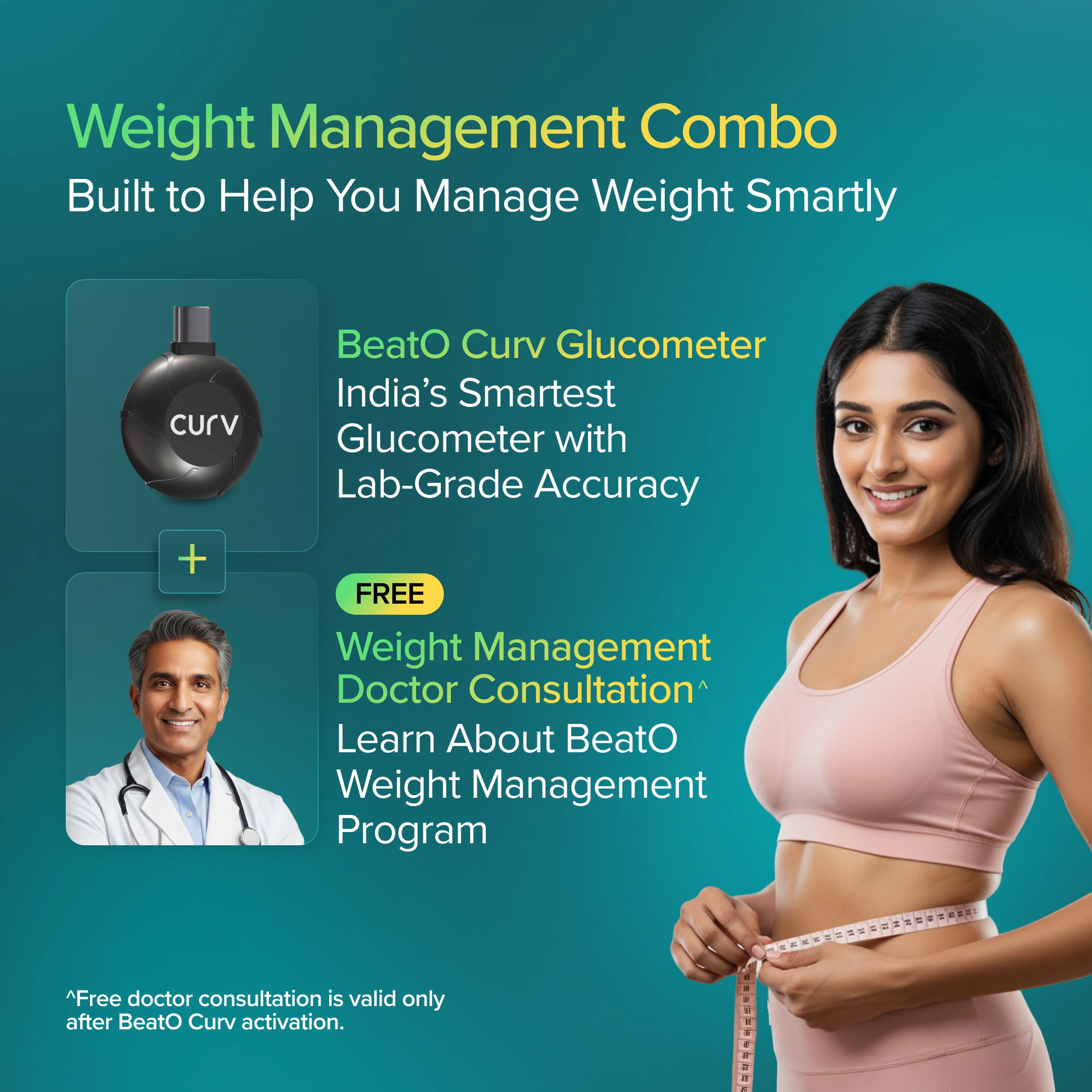 Advertisement for weight management combo with a woman measuring her waist and a doctor, set against a teal background.