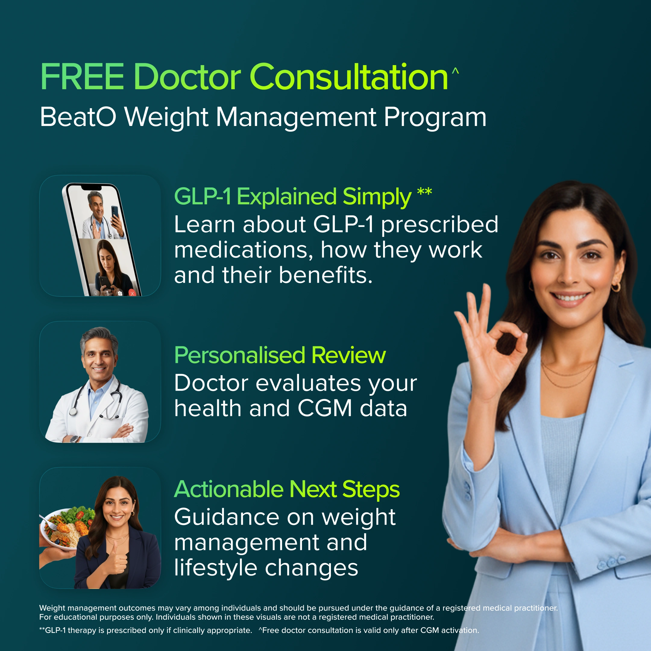 Advertisement for BeatO Weight Management Program with a woman in a blue suit and text about free doctor consultations and GLP-1 explained.
