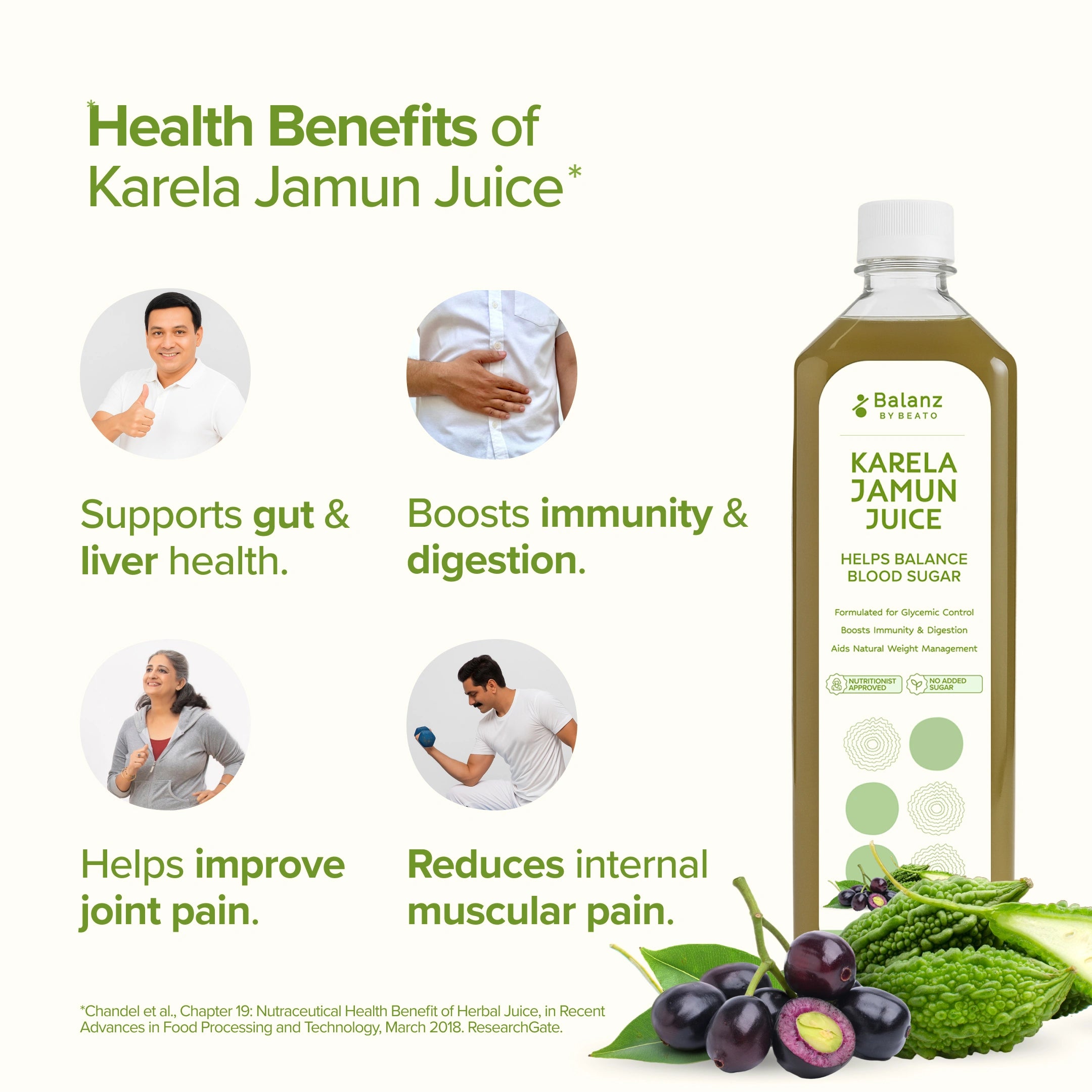 Advertisement for Karela Jamun Juice with health benefits and a bottle of juice on a white background.
