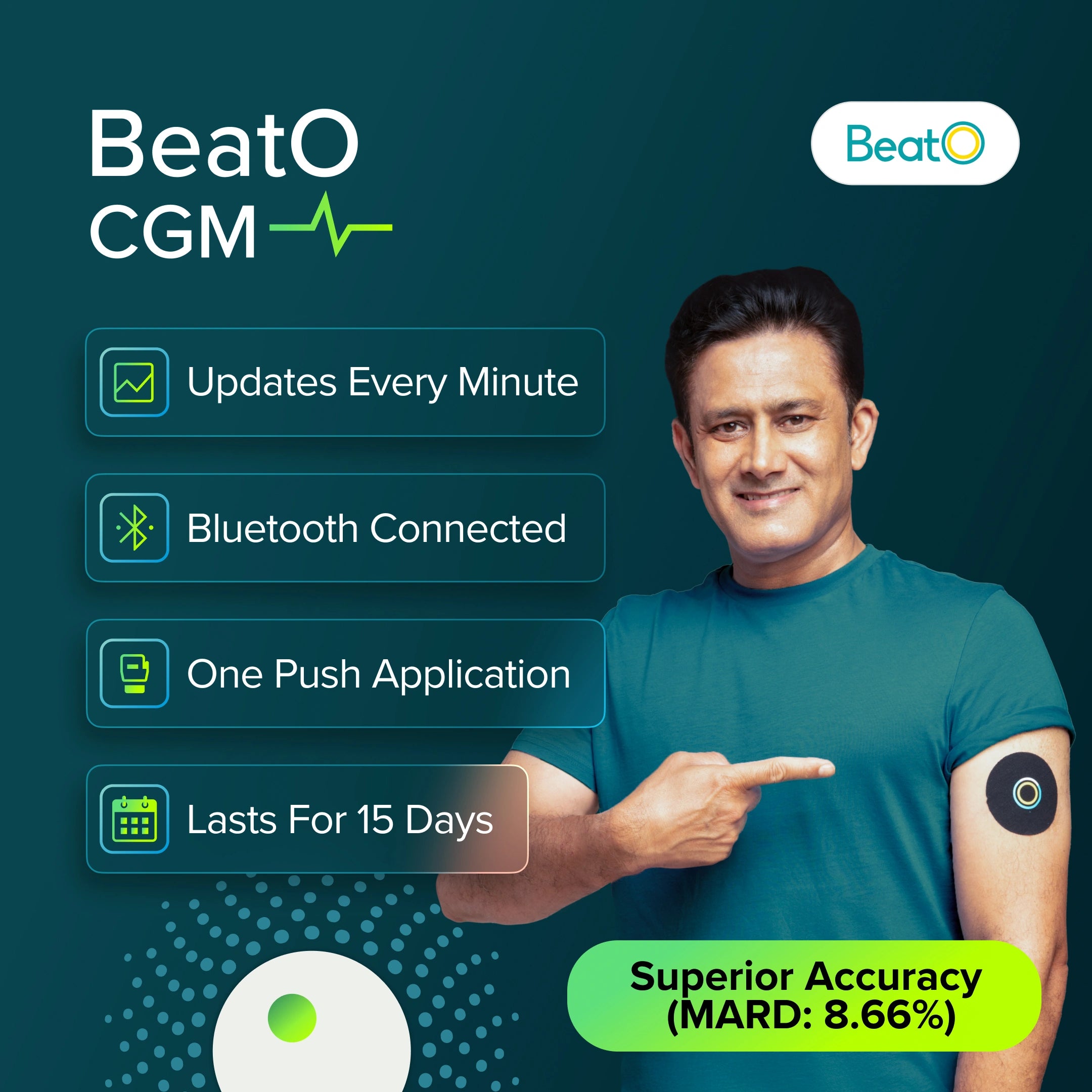 Person pointing to a device on their arm with BeatO CGM branding and features listed.