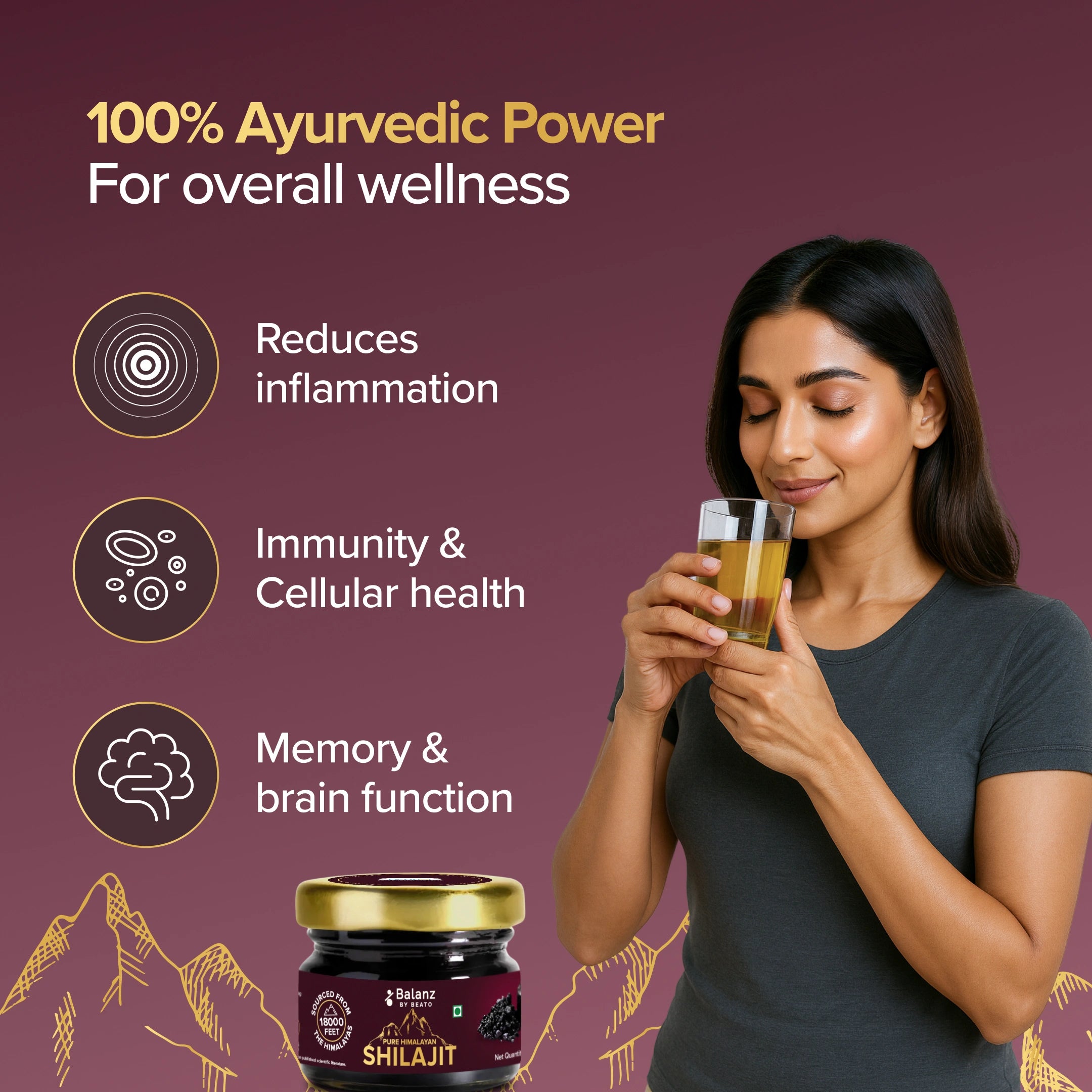 Advertisement for Karela Jamun Juice with health benefits and a bottle of juice on a white background.