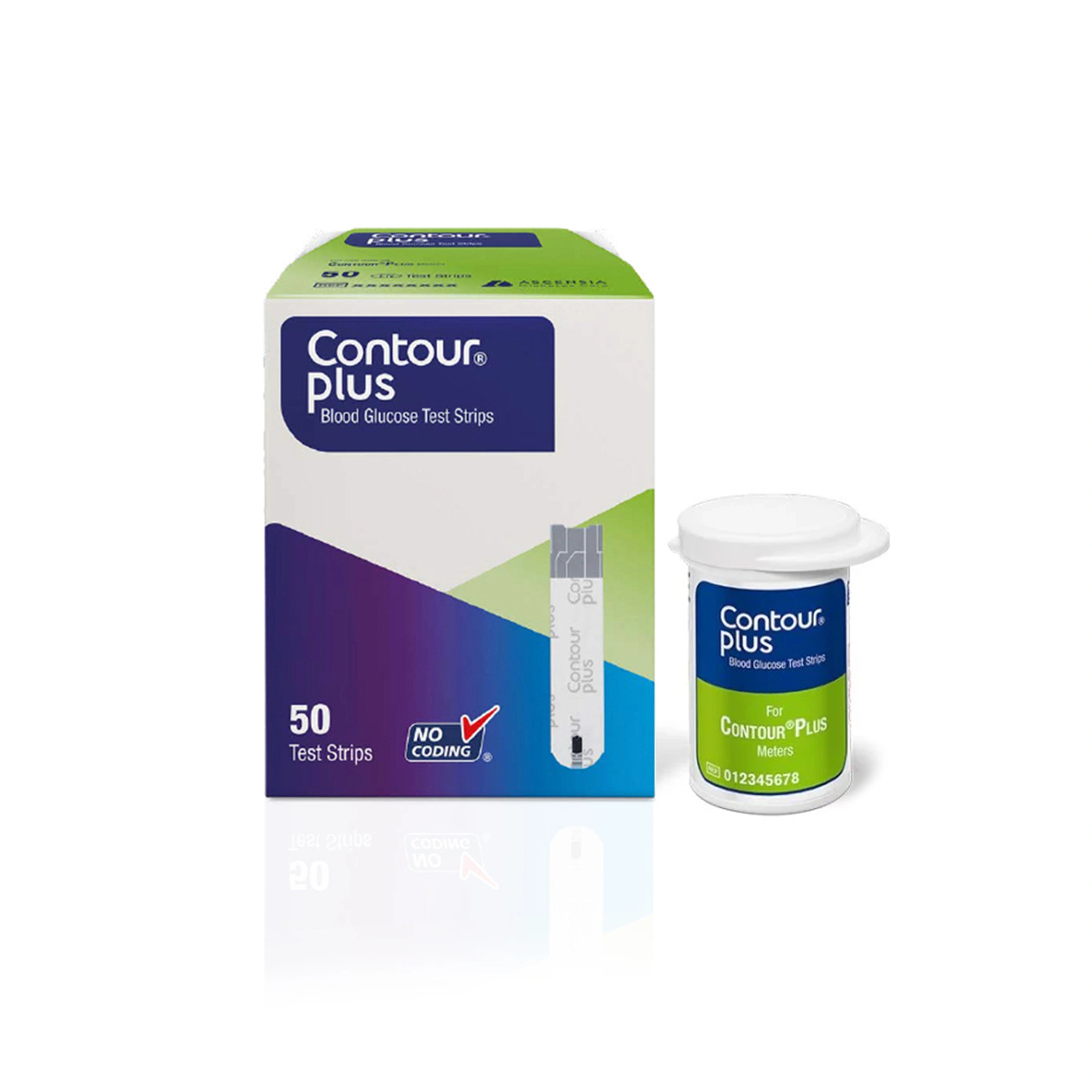 Contour Plus blood glucose test strips packaging with a single strip on a white background