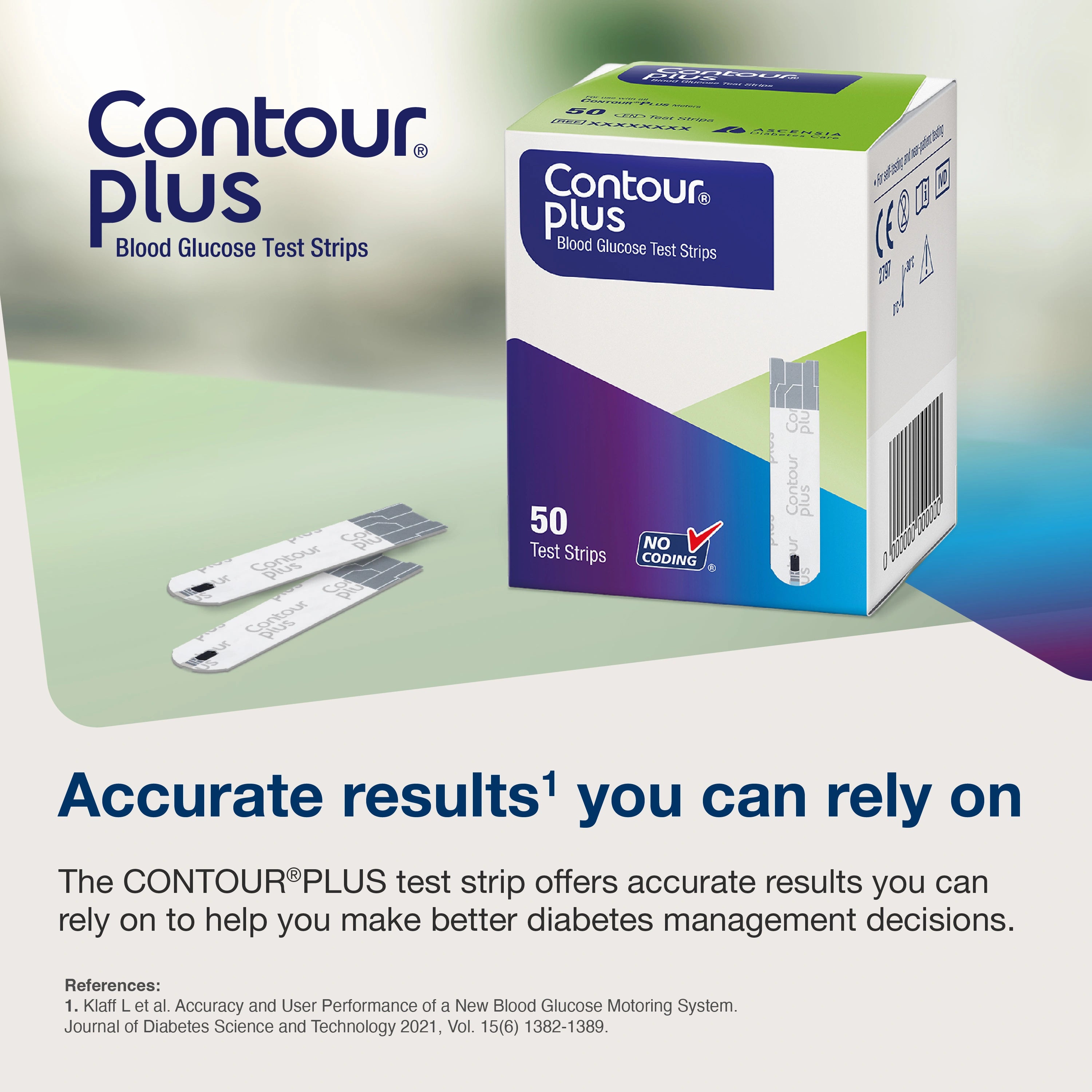 Box of Contour Plus blood glucose test strips with branding and product details.