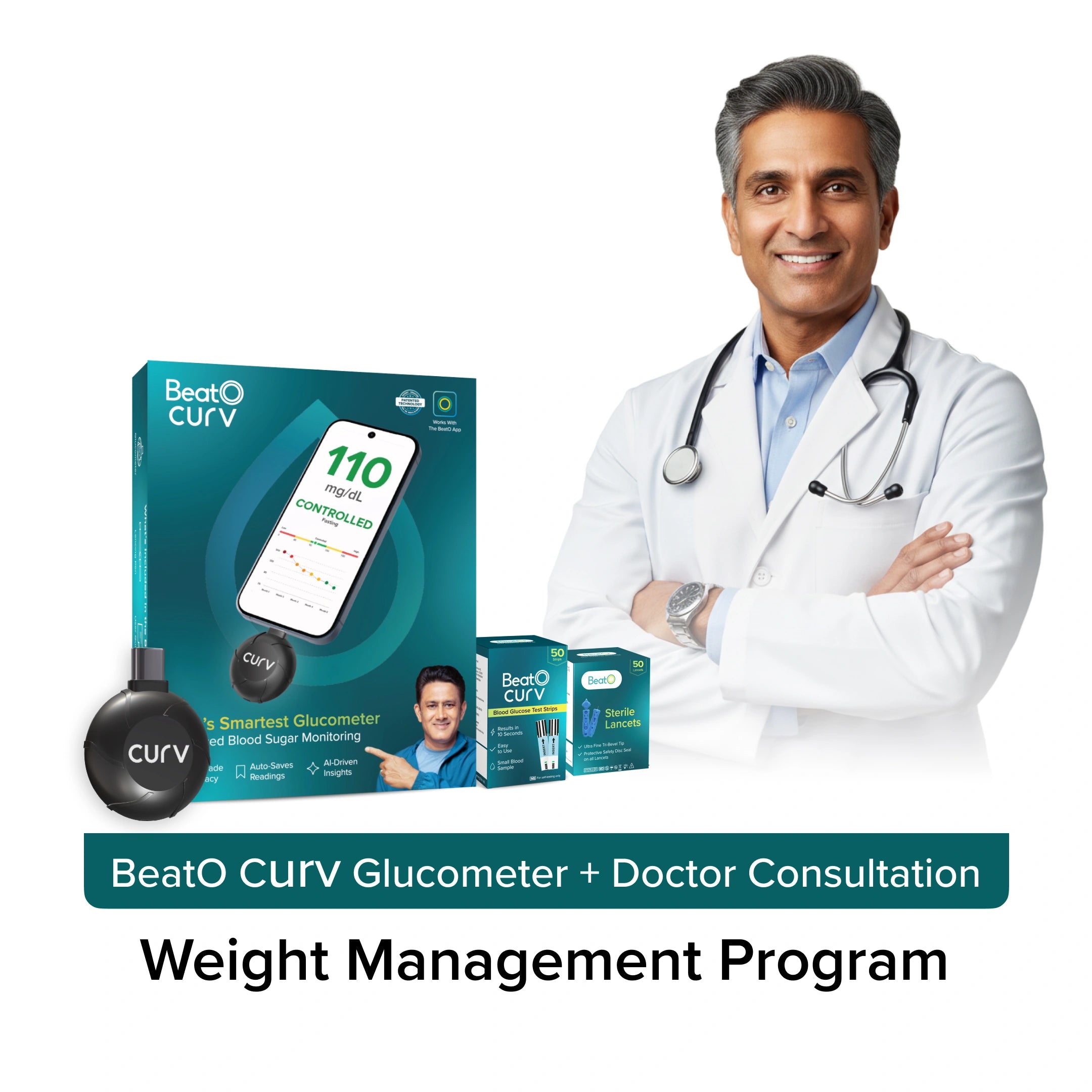 Doctor with BeatO CURV Glucometer and related packaging on a white background