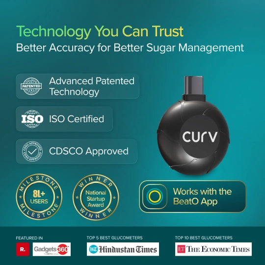 CURV glucose meter with certification badges on a teal background