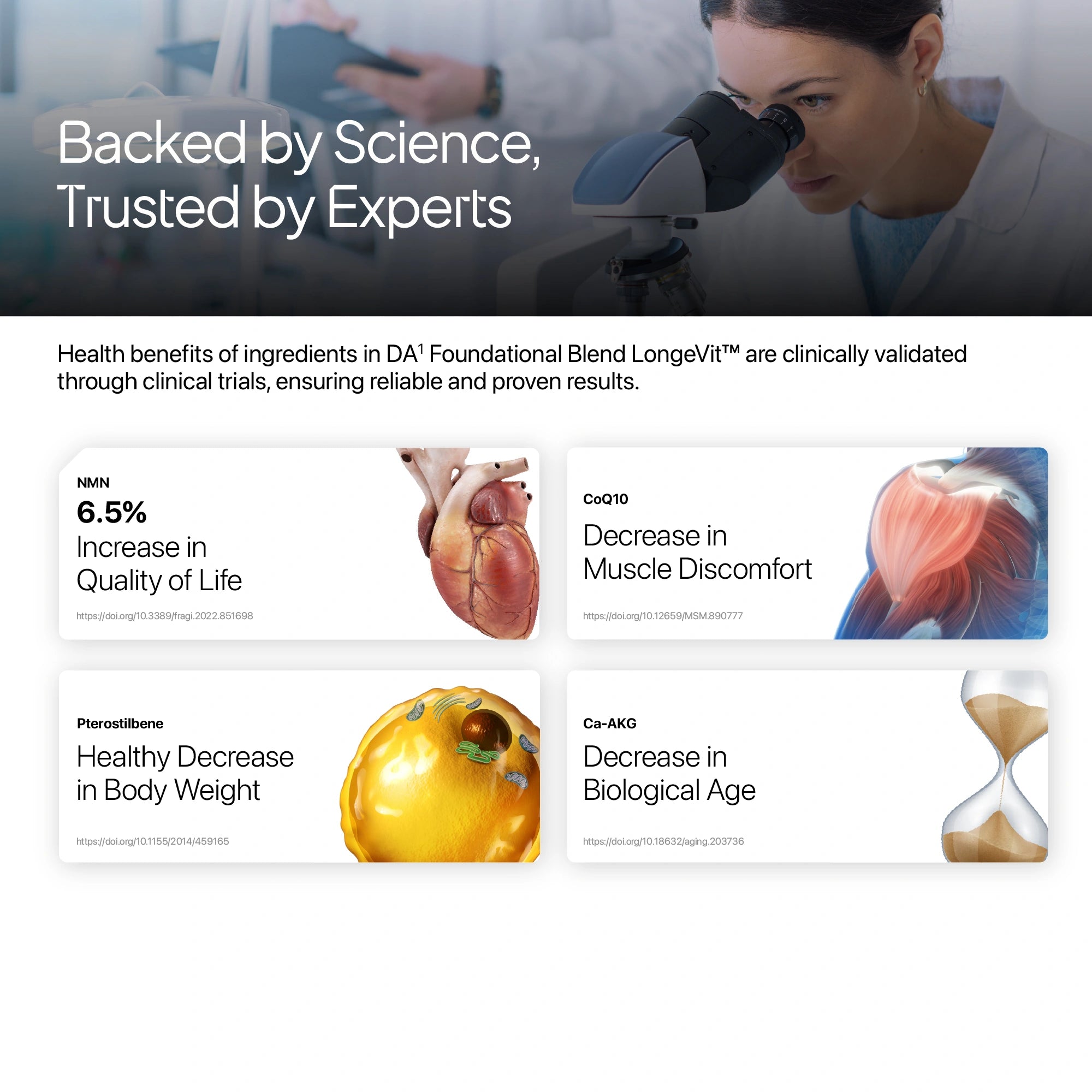 Product advertisement with a scientist using a microscope and health benefits text on a white background.