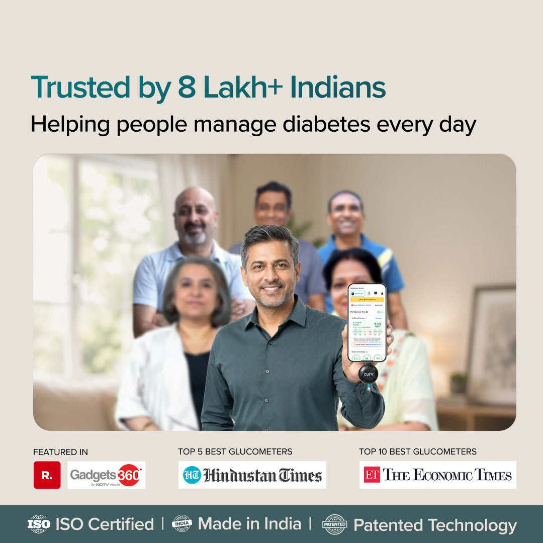 Promotional graphic for a diabetes management app or service, featuring a smiling man in the foreground holding a smartphone that displays a dashboard, with a blurred group of people behind him. Text reads 'Trusted by 8 Lakh+ Indians' and 'Helping people manage diabetes every day.