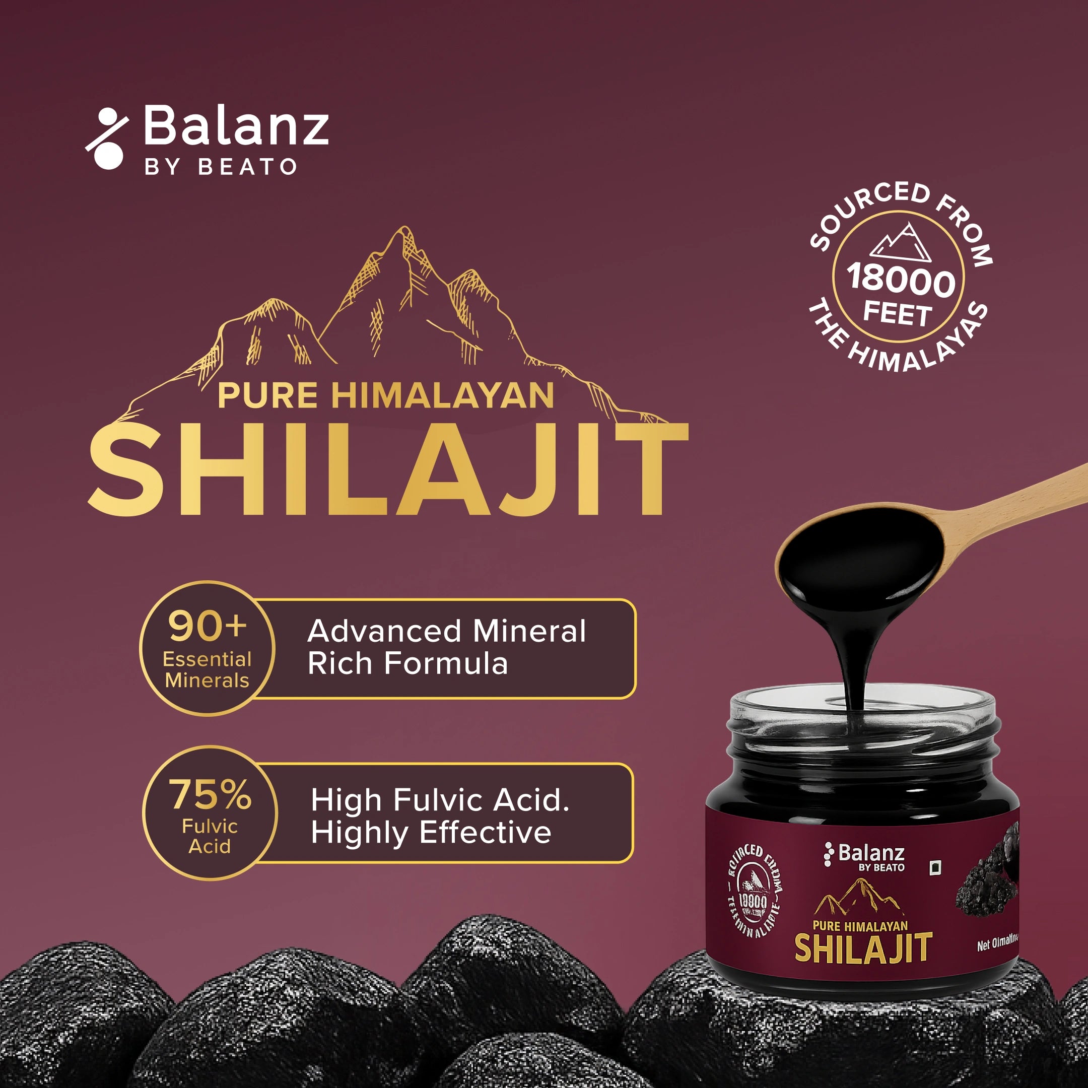 Balanz by Beato Pure Himalayan Shilajit with jar, spoon, and mountain graphic on a purple background