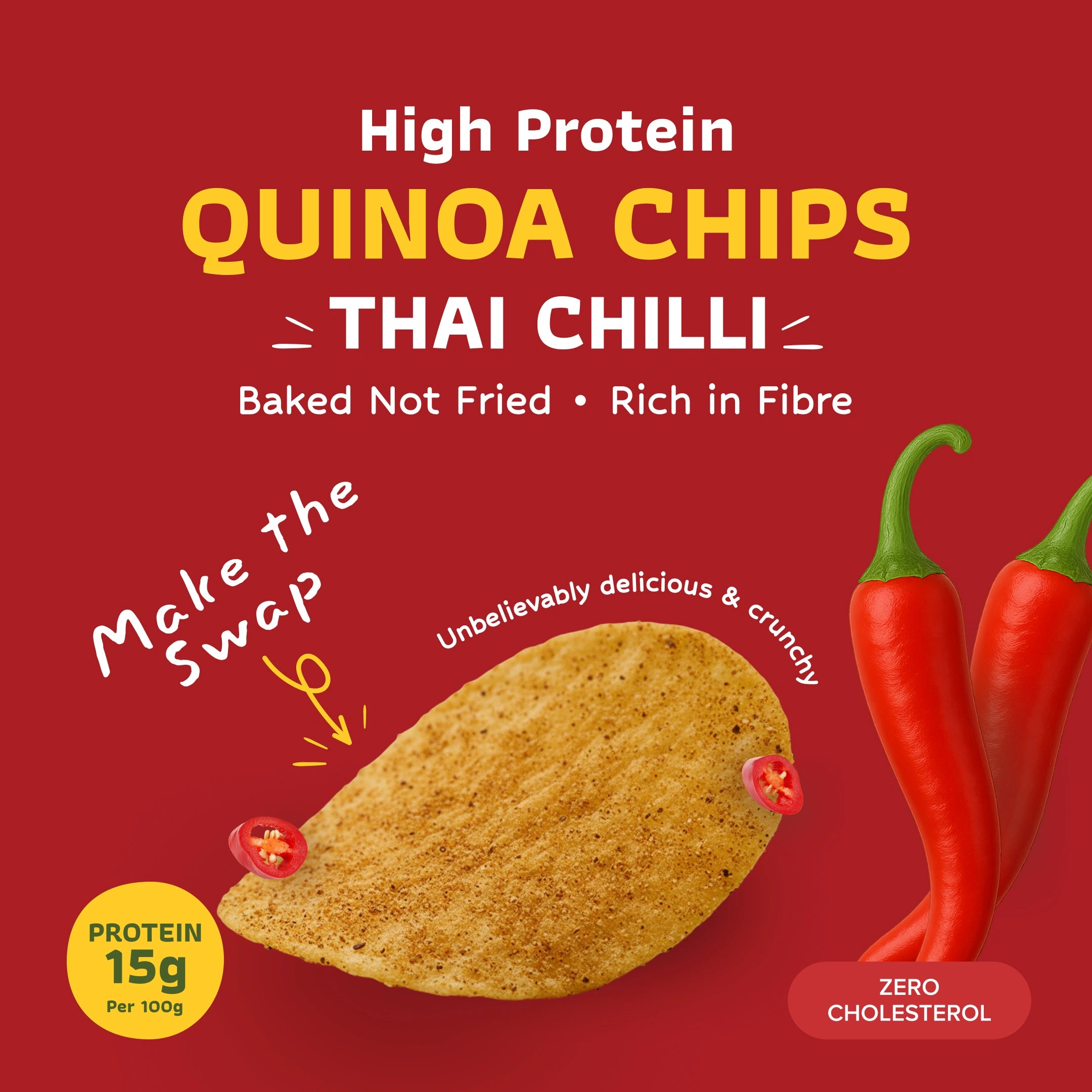 Quinoa chips with Thai chilli flavor on a red background