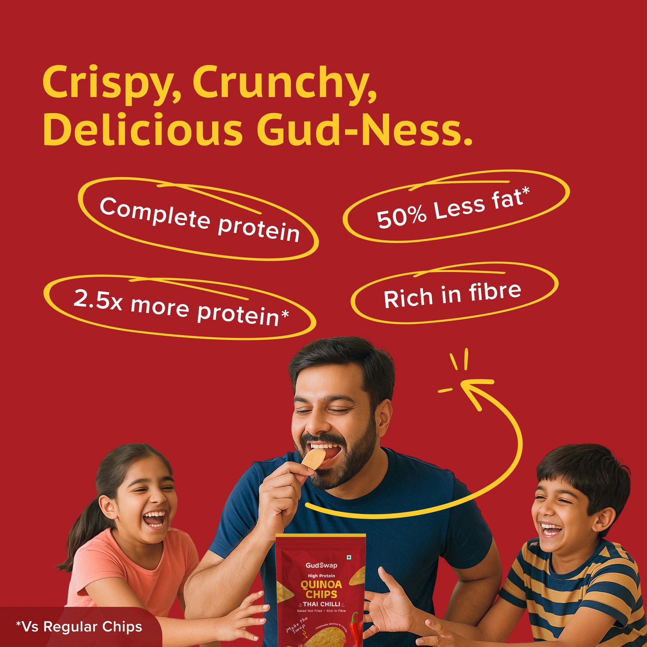 Man eating a snack with two children, promotional text about health benefits on a red background