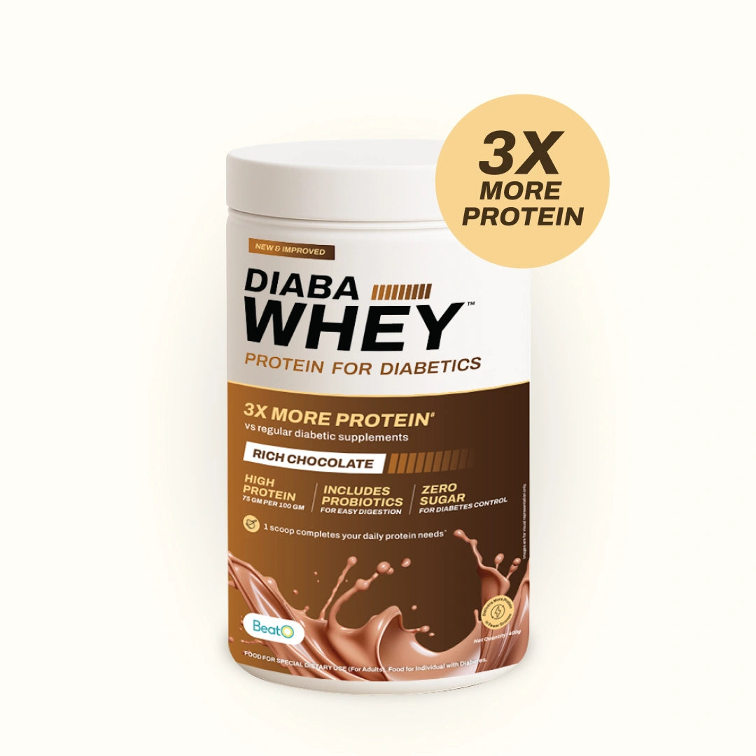 DiabaWhey protein powder container with chocolate flavor on a white background