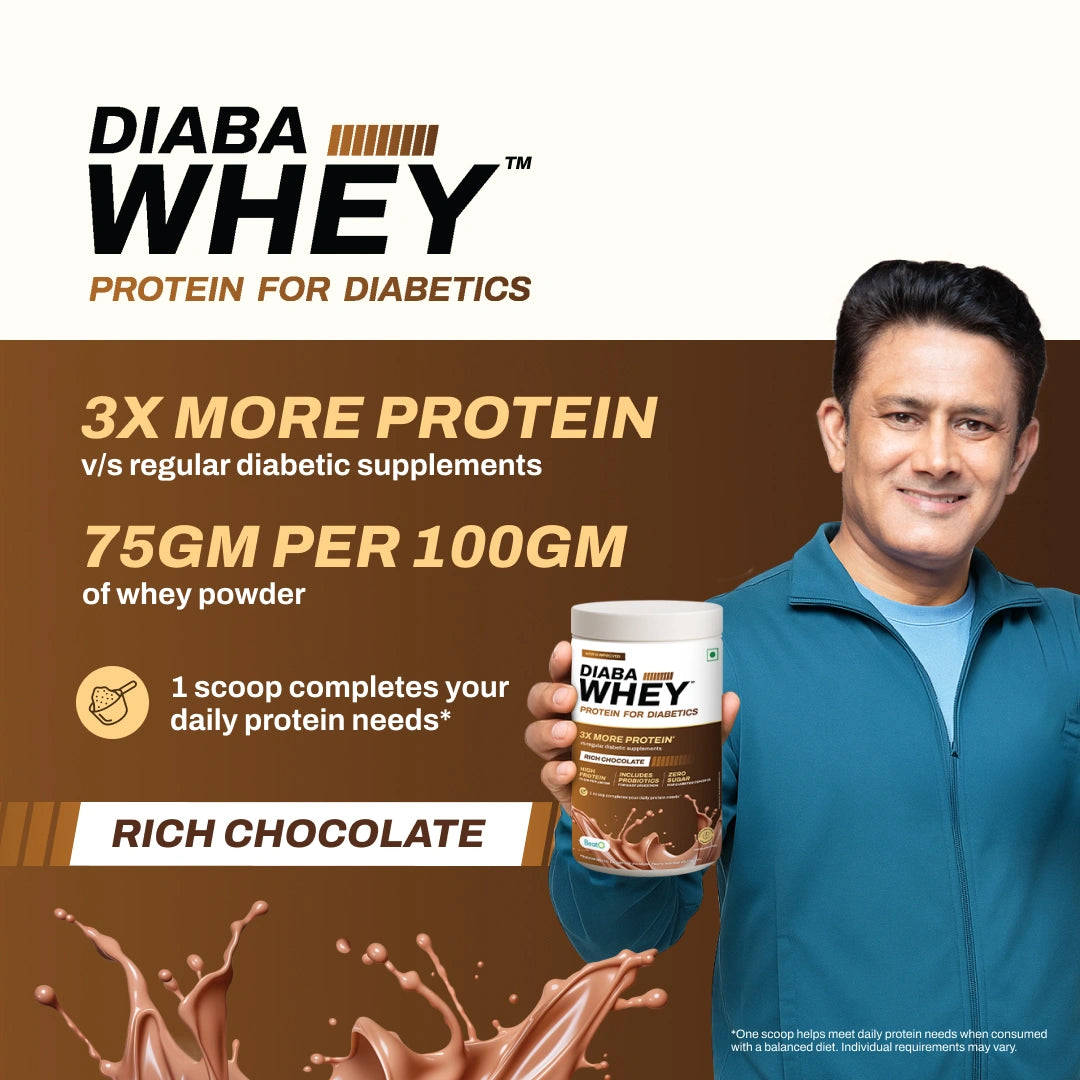 Man holding a container of DiabaWhey protein powder with promotional text on a brown and white background.