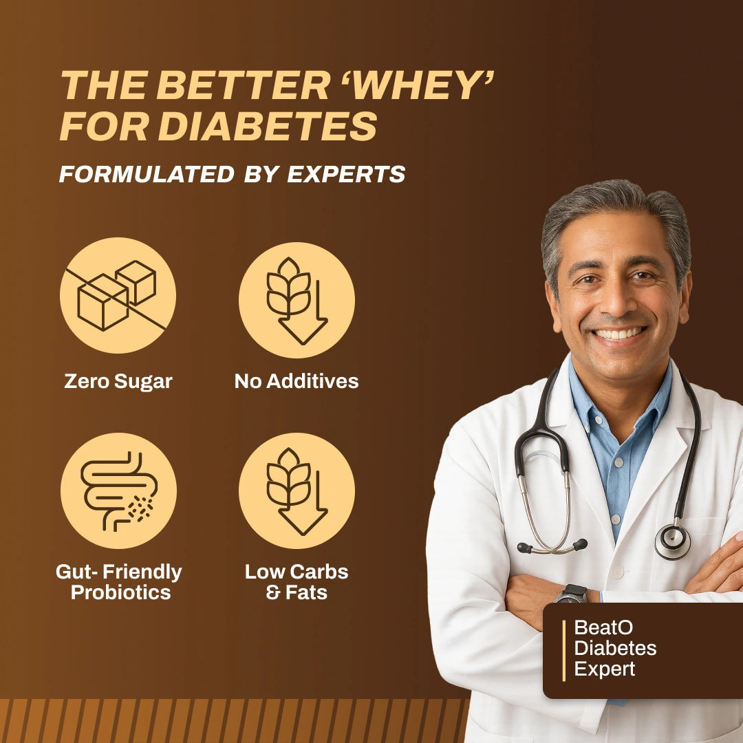 Advertisement featuring a doctor with health benefits of a product on a brown background