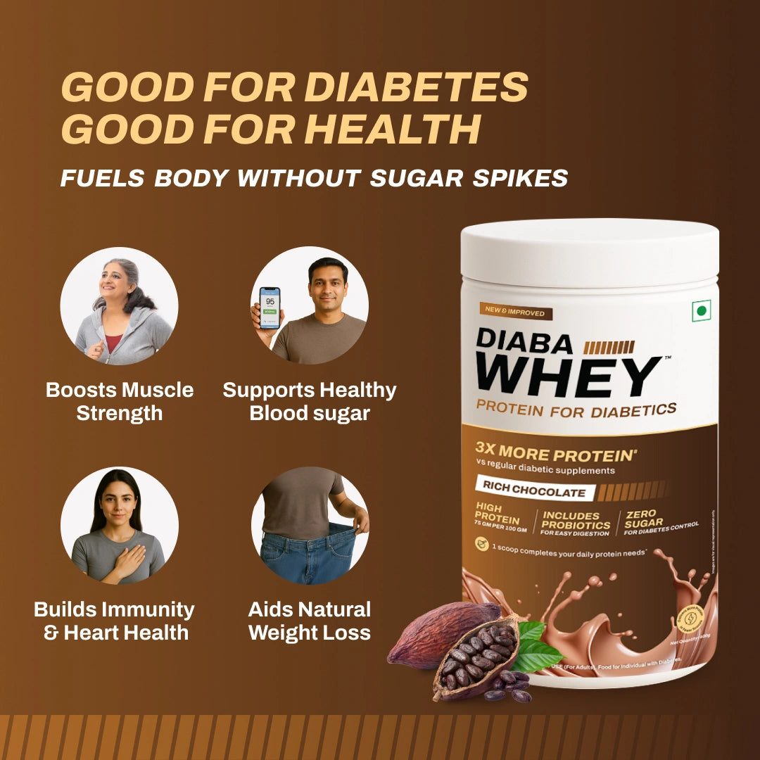 DiabaWhey protein supplement for diabetics on a brown background with text highlighting benefits.