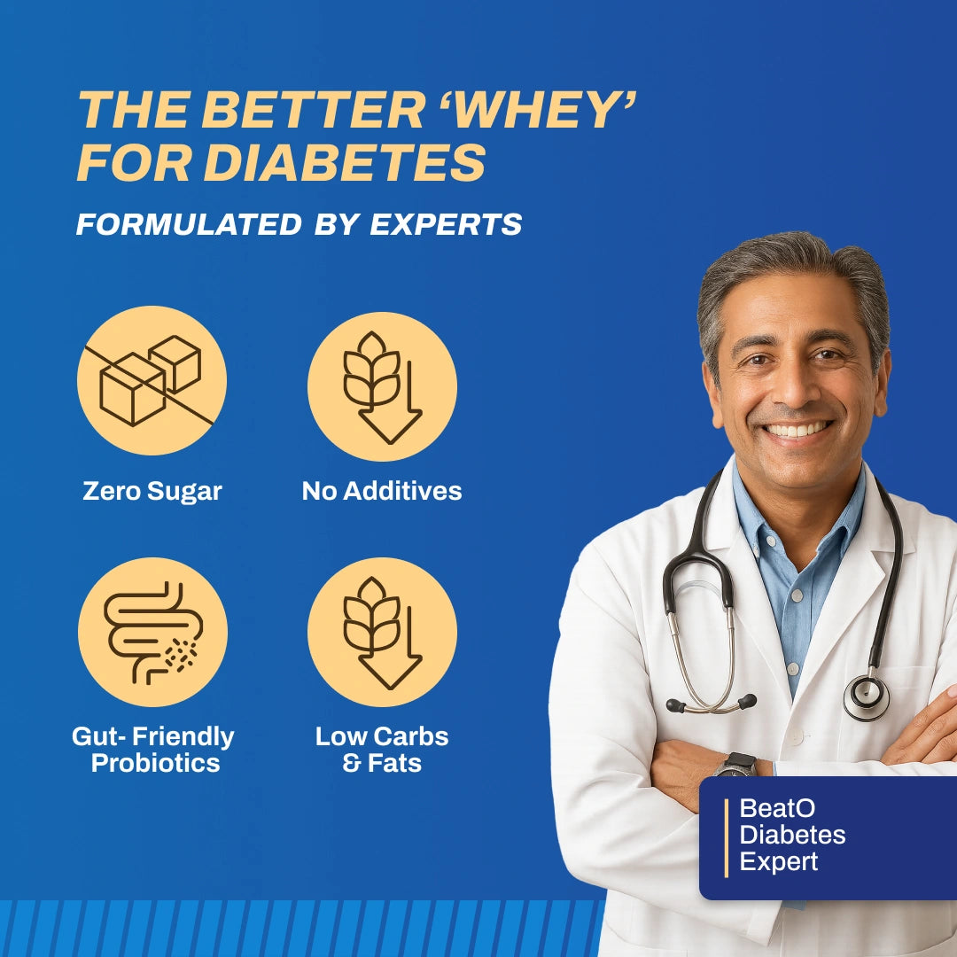 Doctor in a white coat with stethoscope on a blue background, promoting 'The Better Whey' for diabetes.