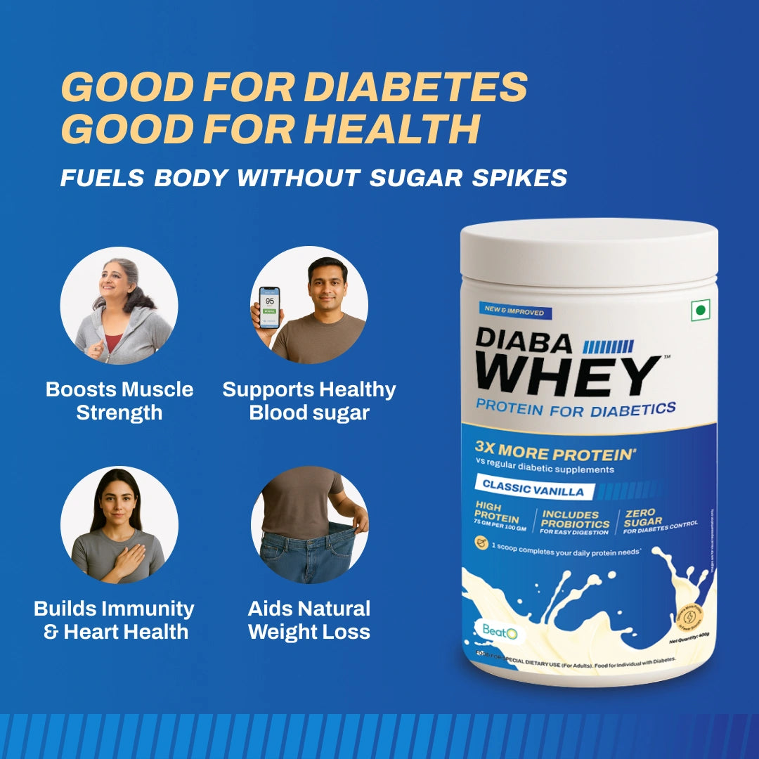 DiabaWhey protein supplement container with benefits on a blue background