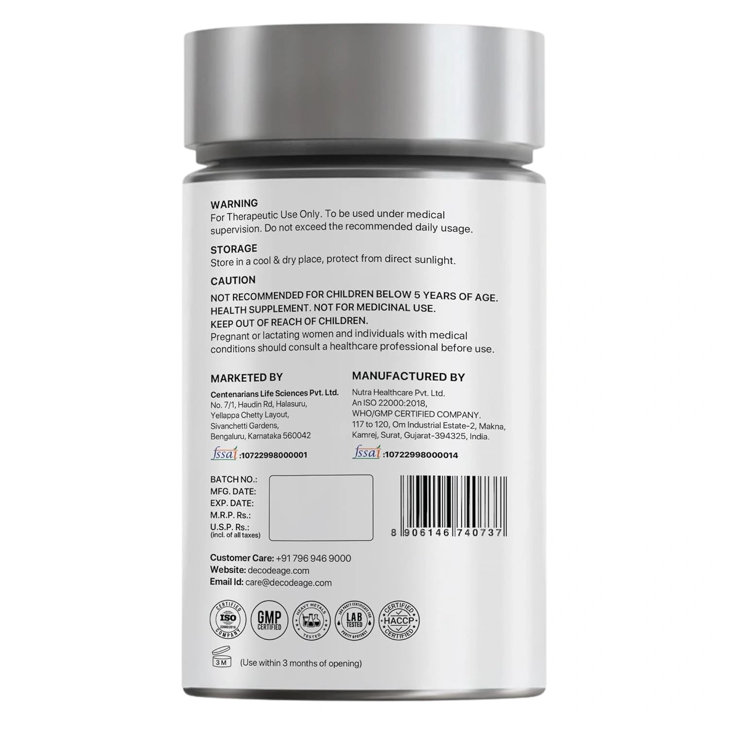Back label of a supplement container with text and logos on a white background