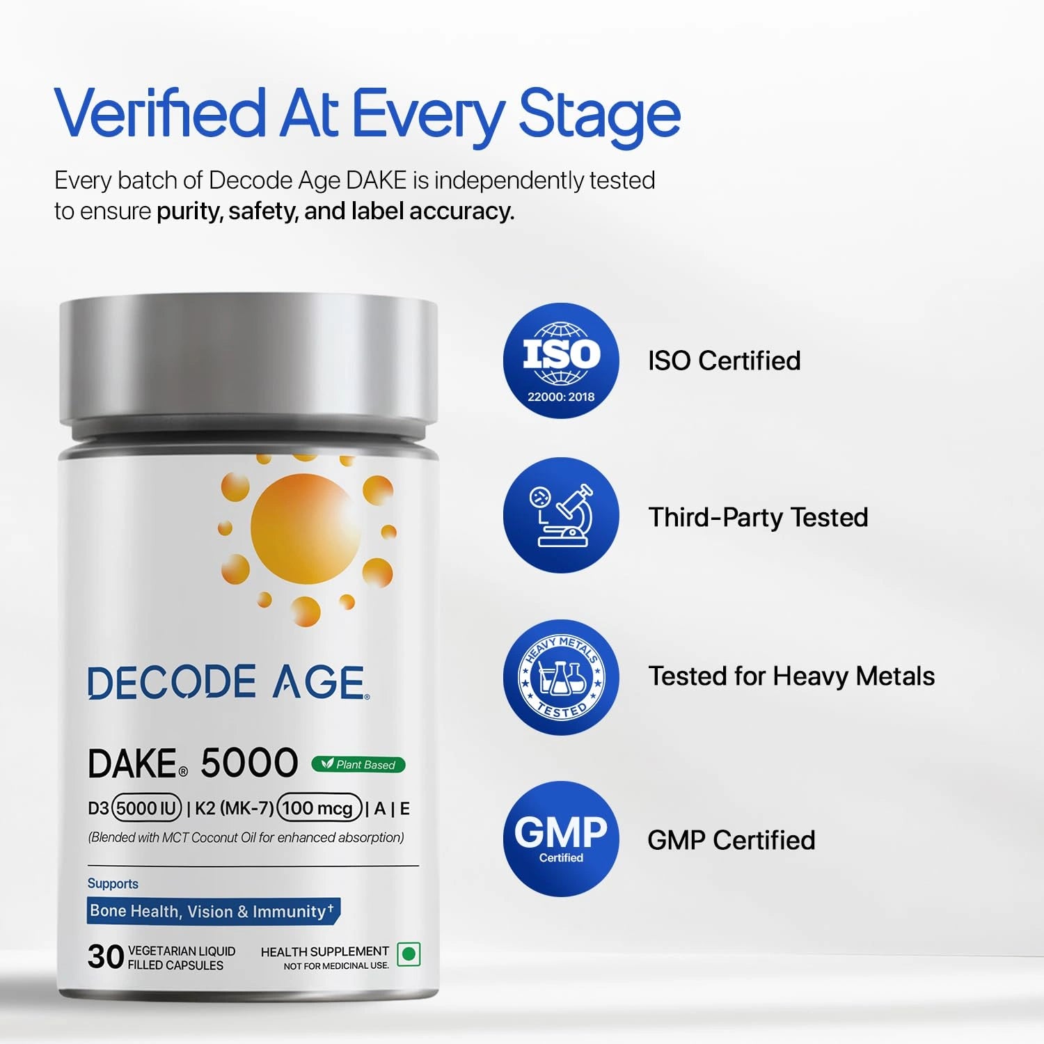 Supplement bottle labeled 'Decode Age DAKE 5000' with certification logos on a white background
