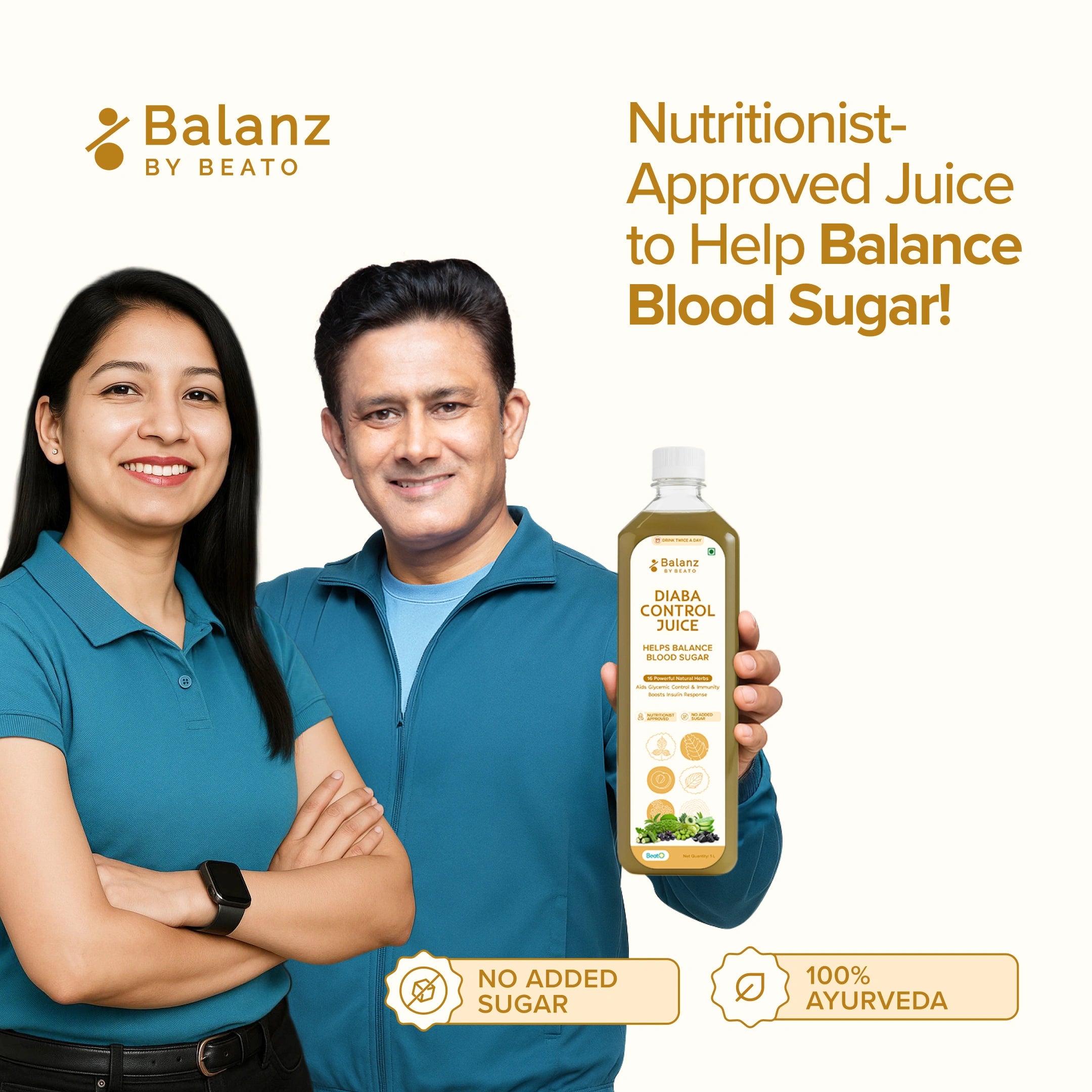 Two people holding a bottle of Balanz juice with promotional text on a white background
