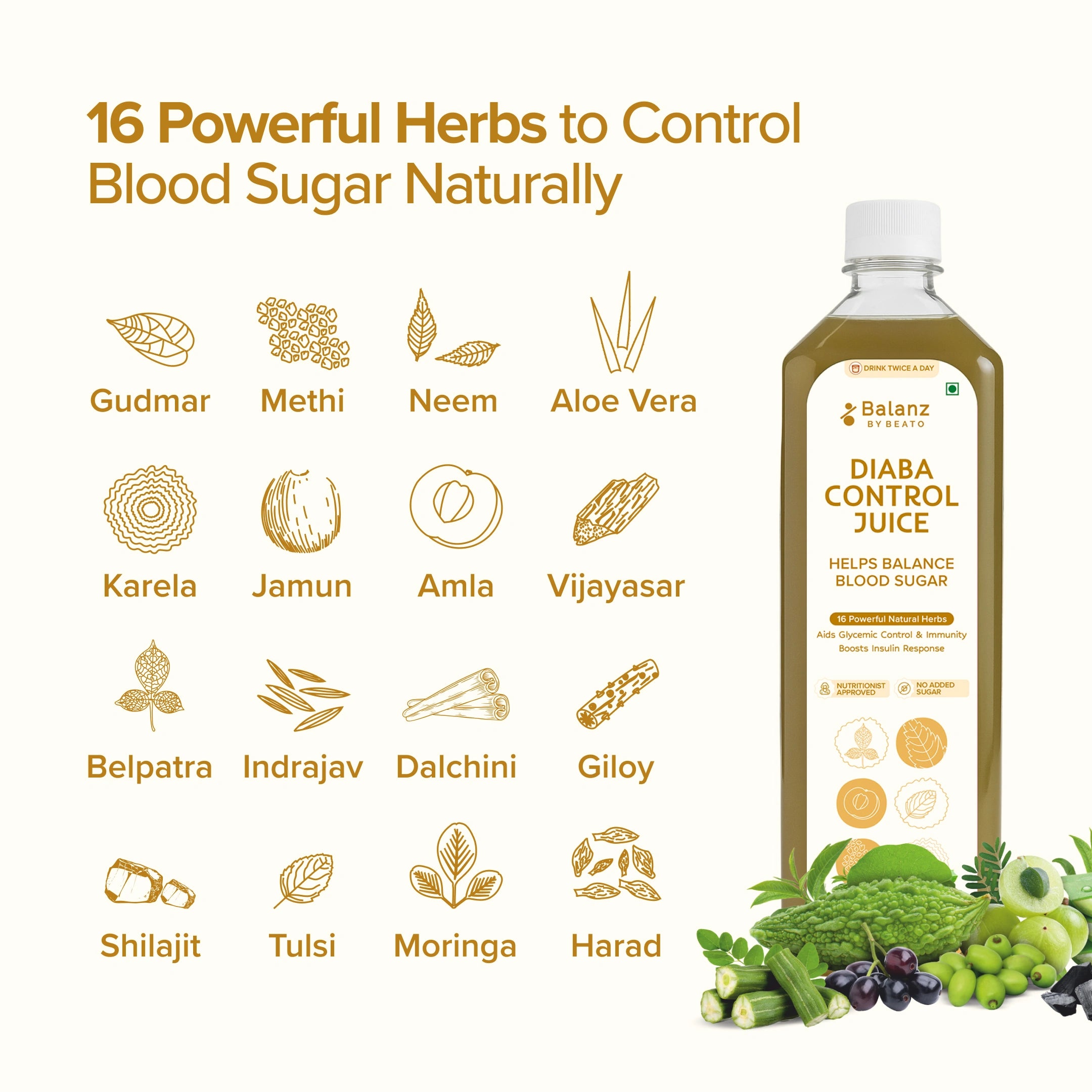 Product packaging of Balanz Diaba Control Juice with herbs listed on a white background