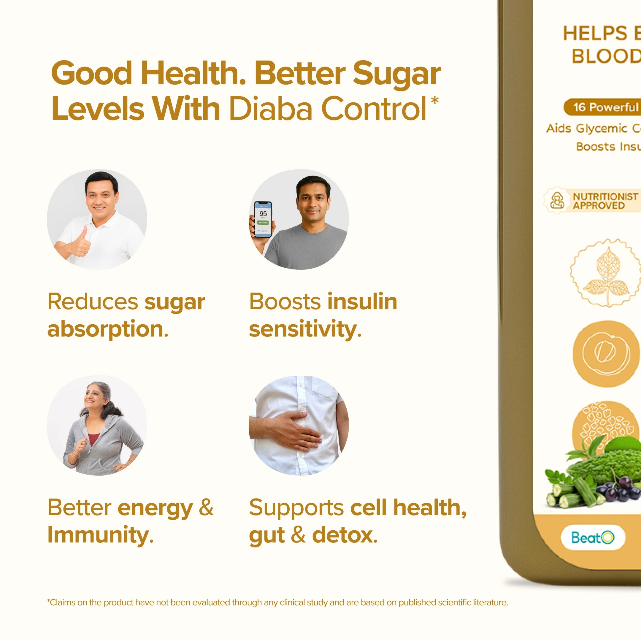 Advertisement for Diaba Control with text and icons on a beige background