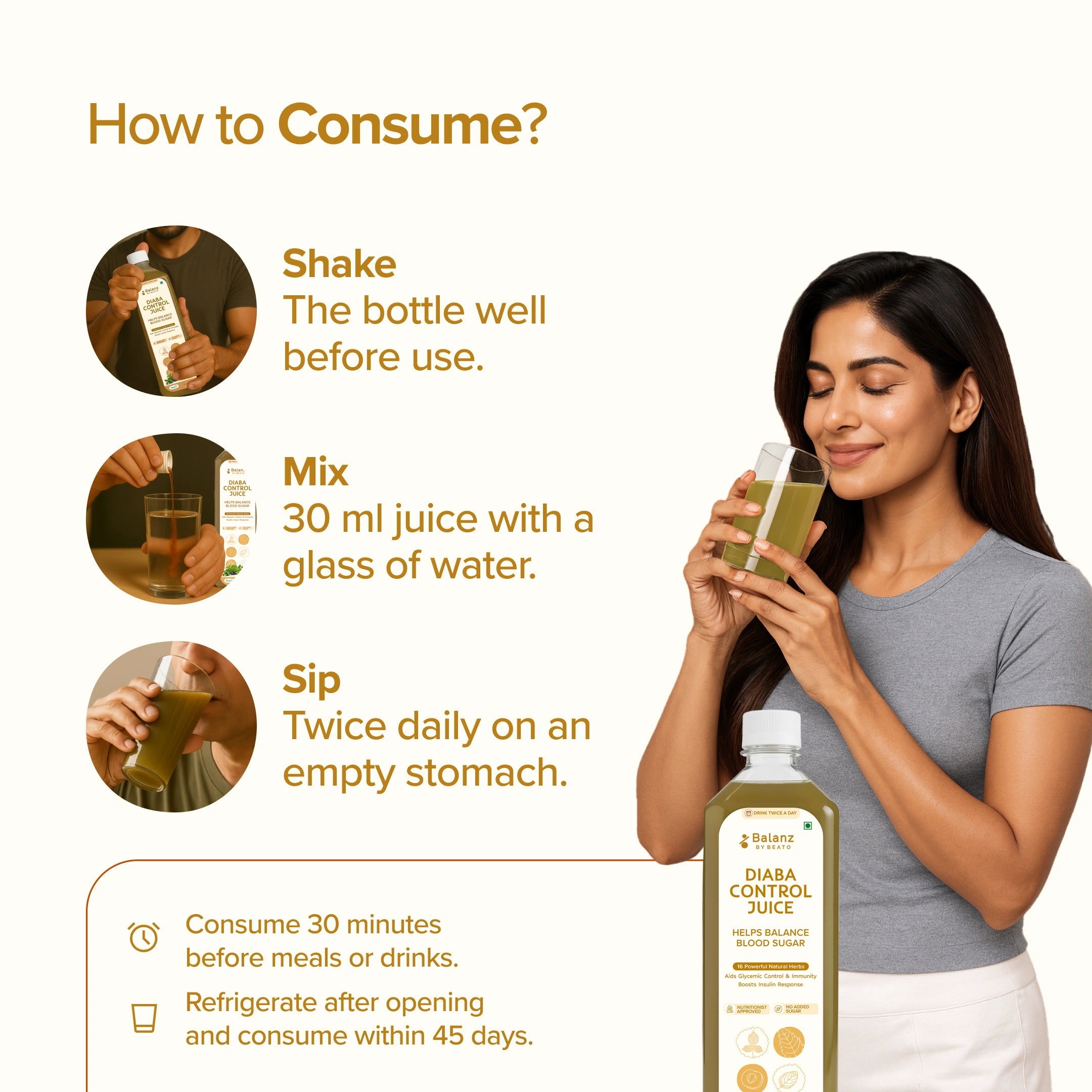 Woman holding a bottle of 'Diabe Control Juice' with consumption instructions on a white background