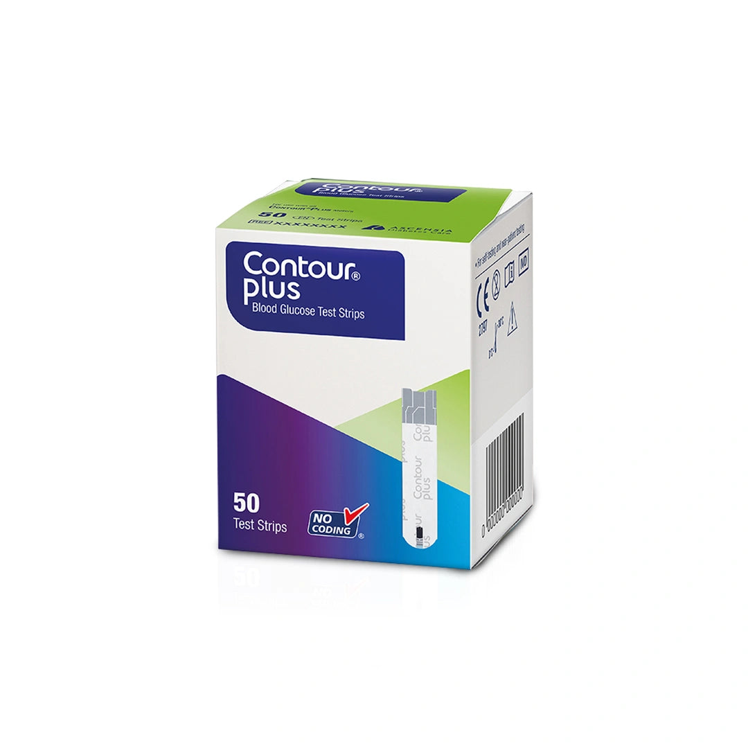 Box of Contour Plus blood glucose test strips on a white background