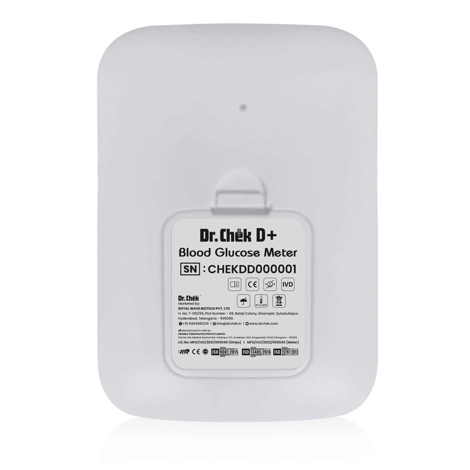 Dr. Chek D+ blood glucose meter on a white background