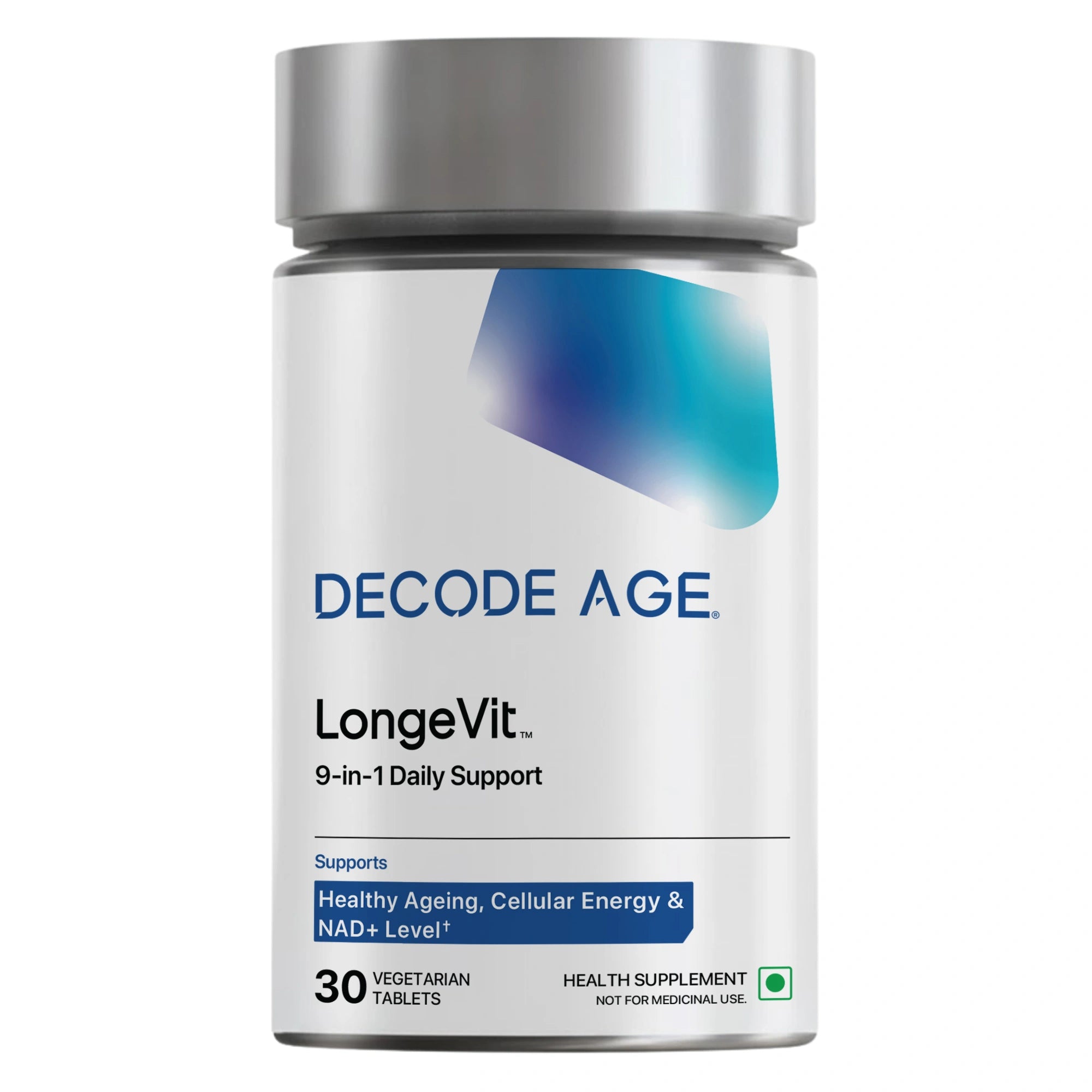 Supplement bottle labeled 'Decode Age LongeVit' on a white background