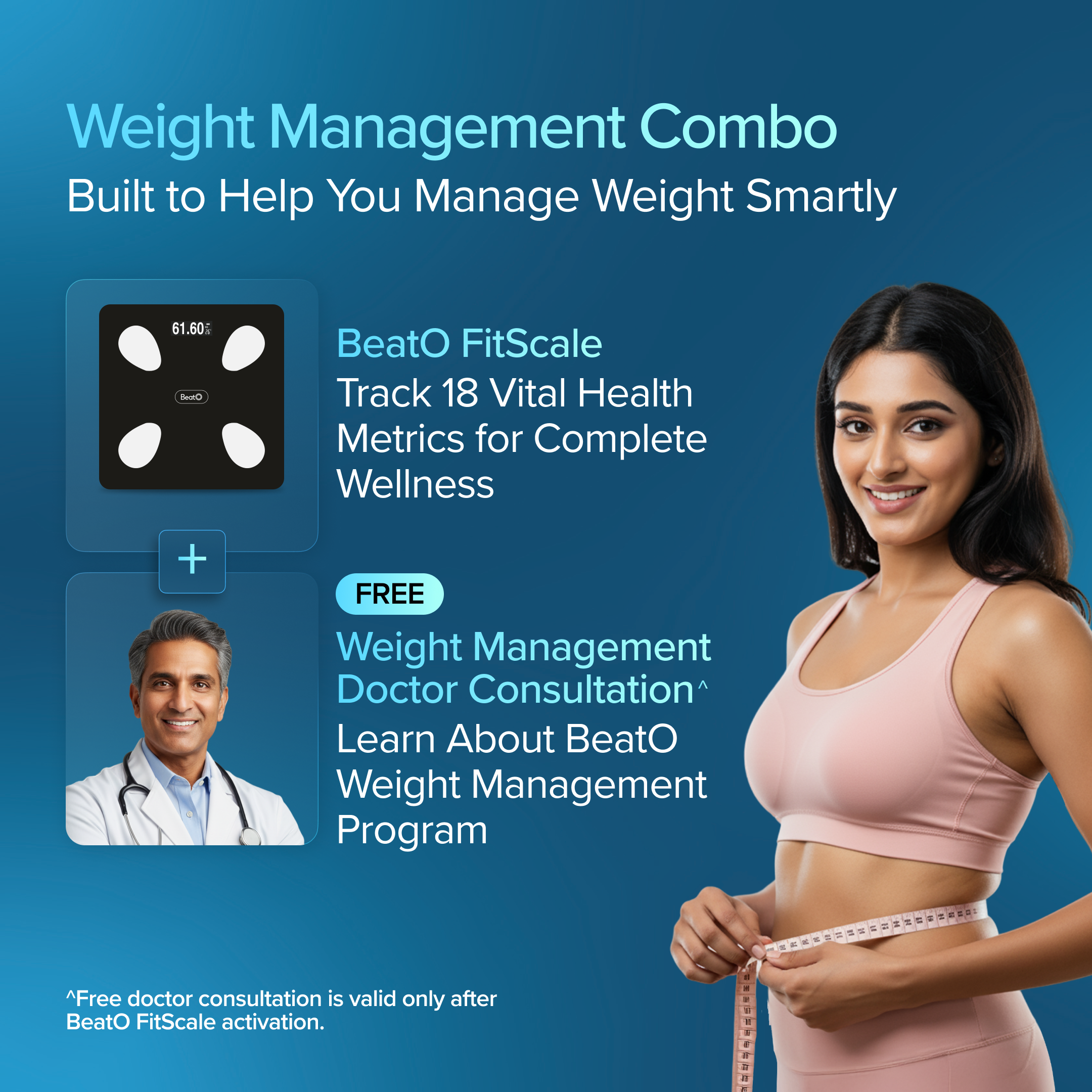 Advertisement for BeatO FitScale weight management combo with a woman measuring her waist.