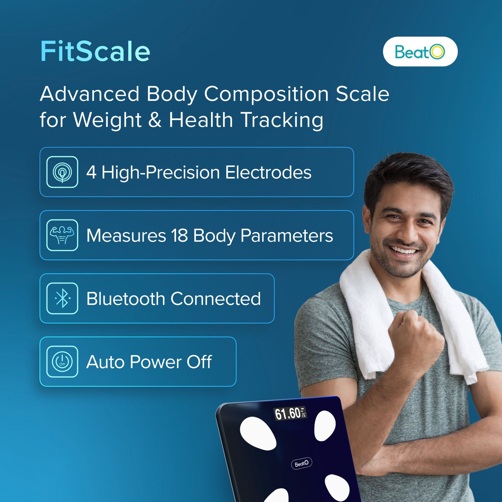FitScale advanced body composition scale with a man posing next to it on a blue background