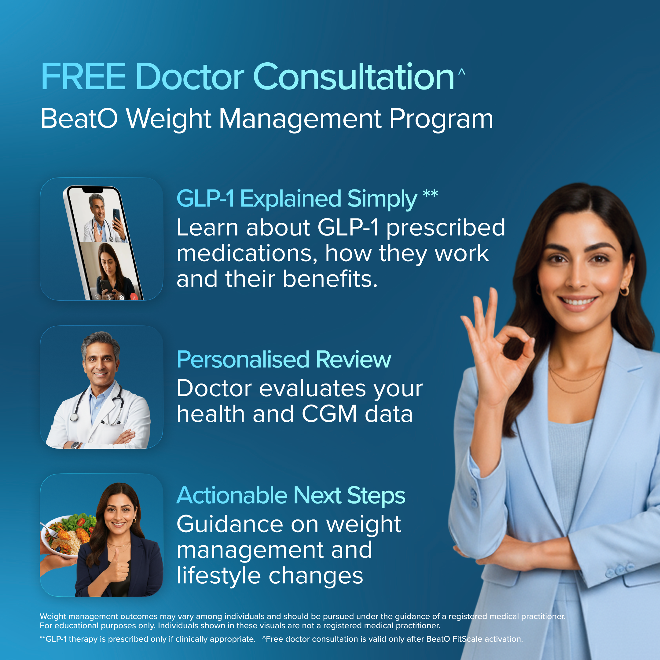 Advertisement for BeatO Weight Management Program with a woman in a blue suit and text about free doctor consultations and weight management services.