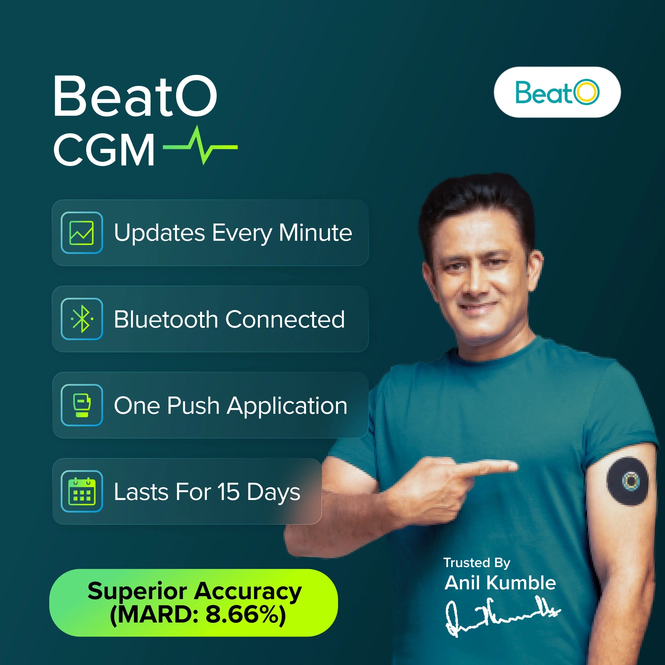 Advertisement for BeatO CGM with a man pointing to his arm and product features listed.