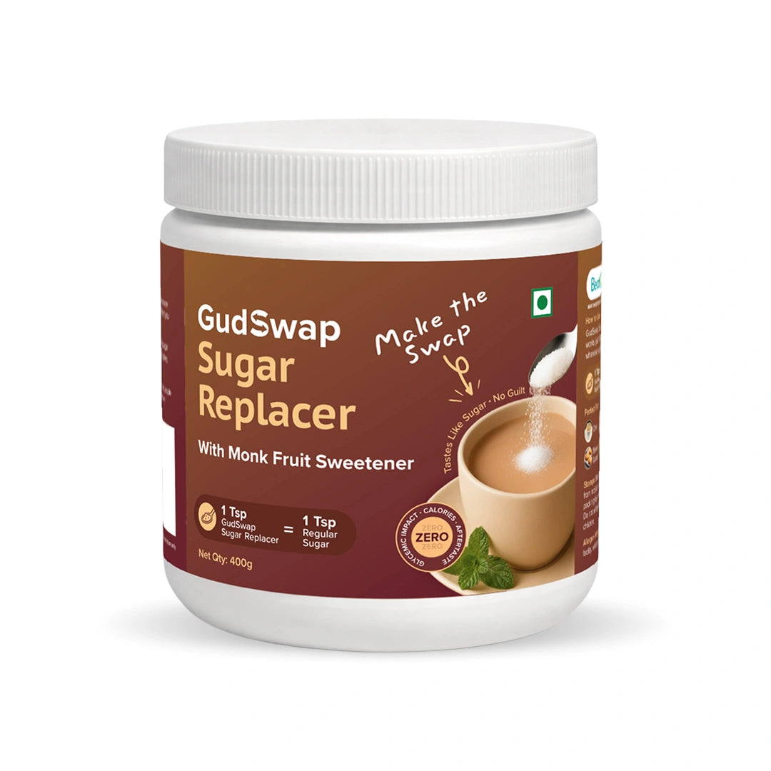 Jar of GudSwap Sugar Replacer with monk fruit sweetener on a white background