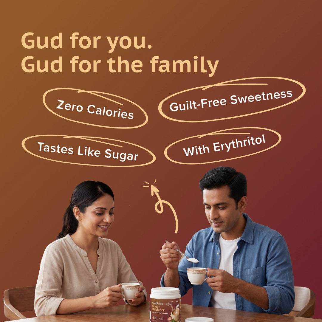 Man and woman enjoying a beverage together with text highlighting benefits on a brown background