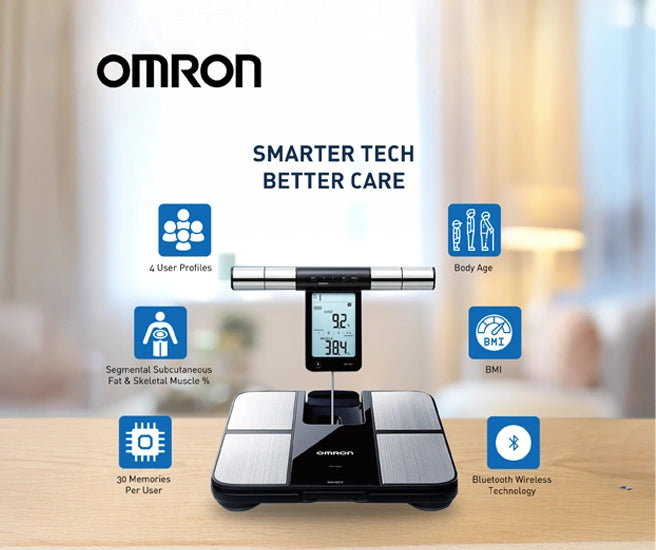 Omron smart scale with features displayed on a blurred background