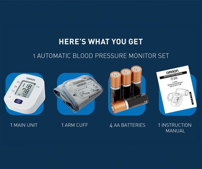 Omnron blood pressure monitor set with main unit, arm cuff, batteries, and instruction manual on a blue background.