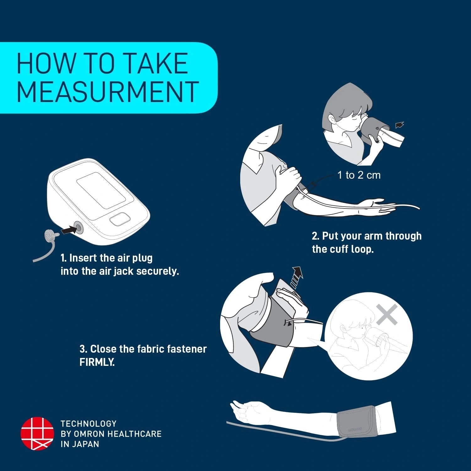Instructions on how to take a measurement using a device, with illustrations and text on a blue background.