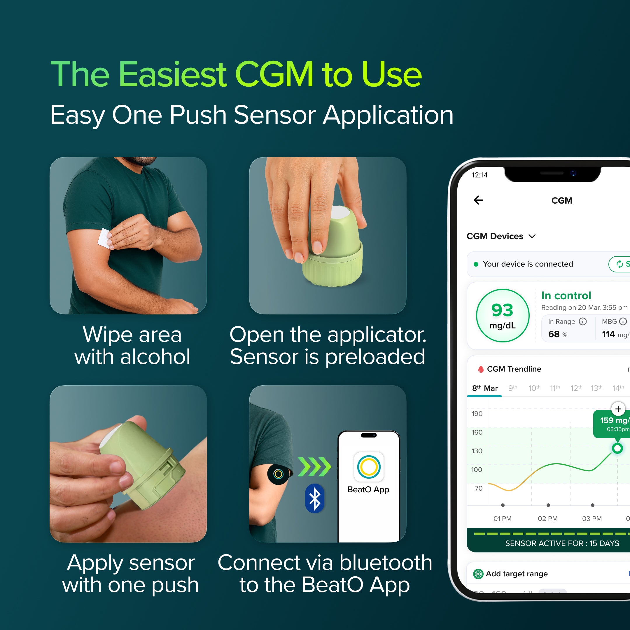 BeatO CGM Glucose Monitor for diabetes | Bluetooth Connected CGM Sugar Test Machine for home | 15-Day Glucose Tracking | No-Scan, One-Push Application