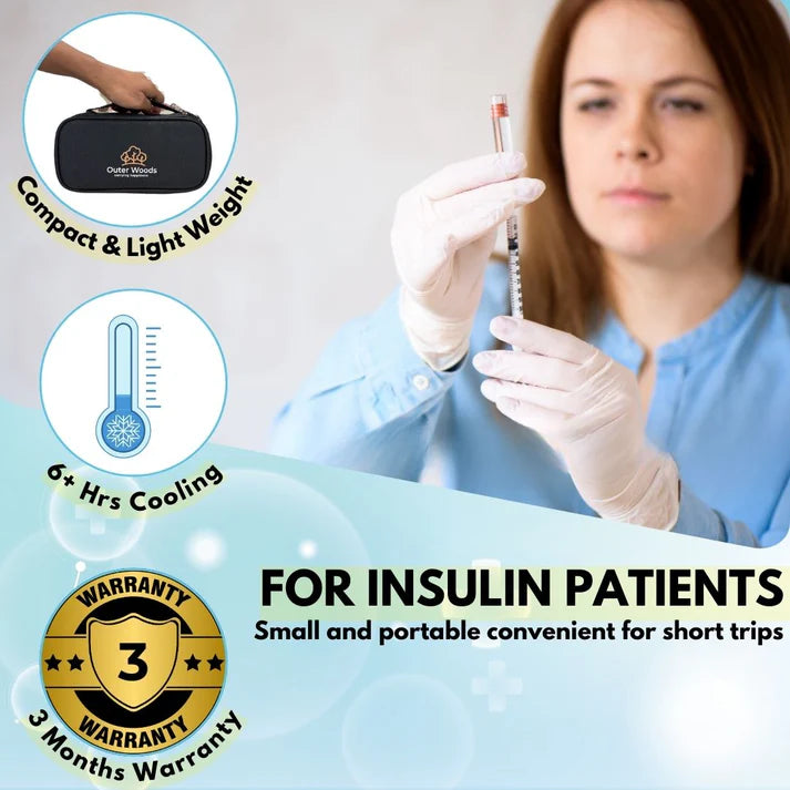 Person holding a insulin pen with a cooler bag, text about cooling duration and warranty.