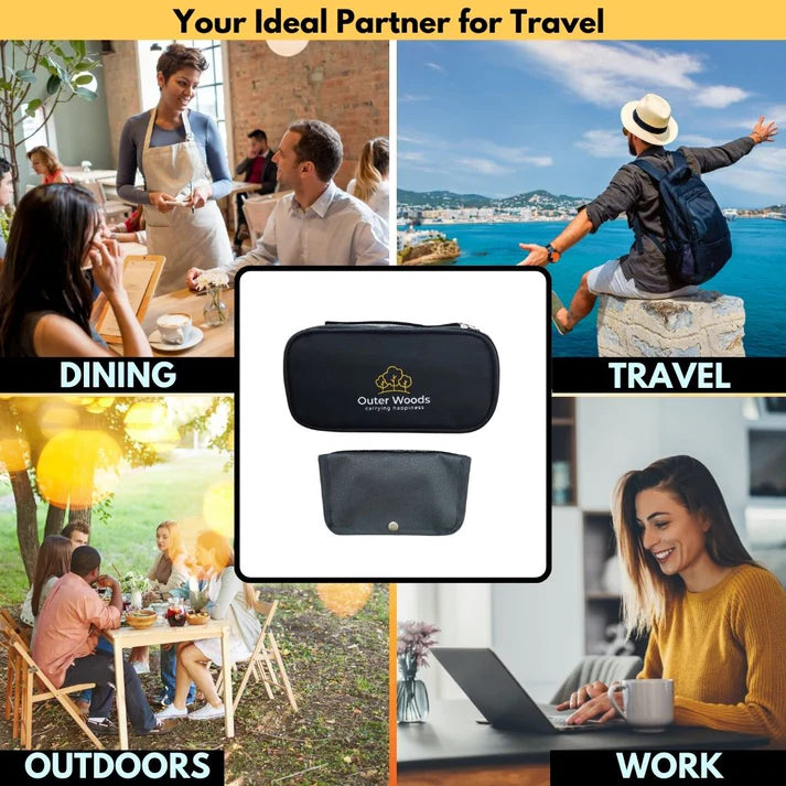 Collage of people in various settings with a black pouch labeled 'Outer Woods' in the center.
