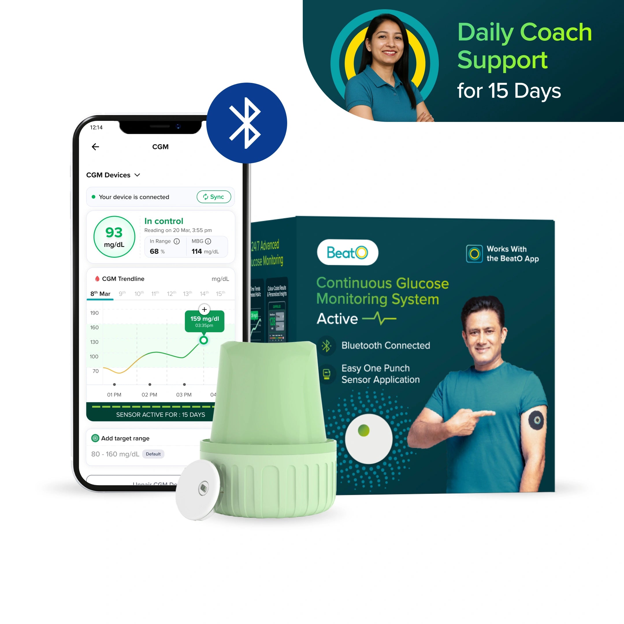 BeatO CGM Glucose Monitor for diabetes | Bluetooth Connected CGM Sugar Test Machine for home | 15-Day Glucose Tracking | No-Scan, One-Push Application