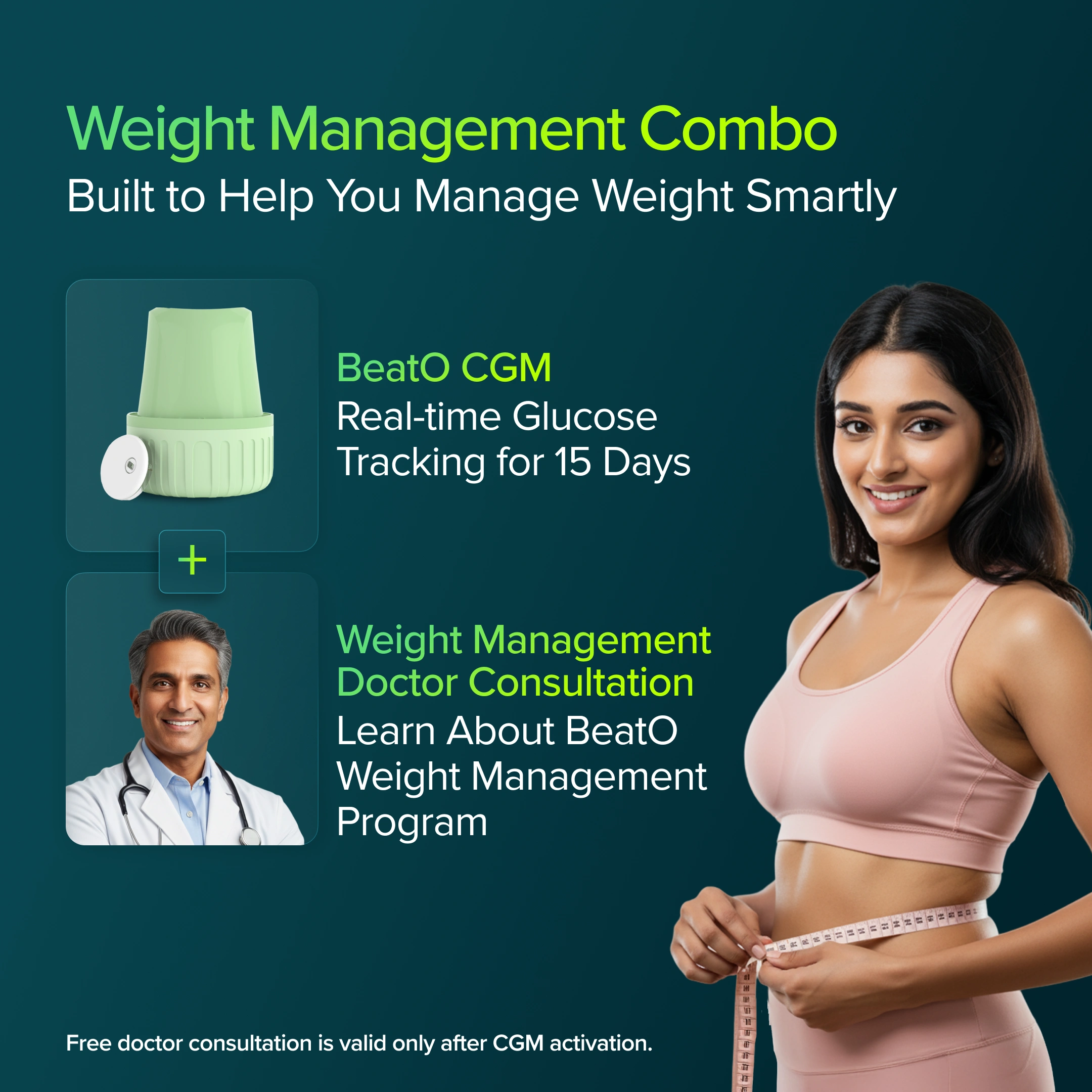 BeatO CGM + FREE Weight Management Doctor Consultation | 15-Day Real-Time Glucose Tracking | One-Push Application | Bluetooth Connected | Weight Management & Metabolic Insights