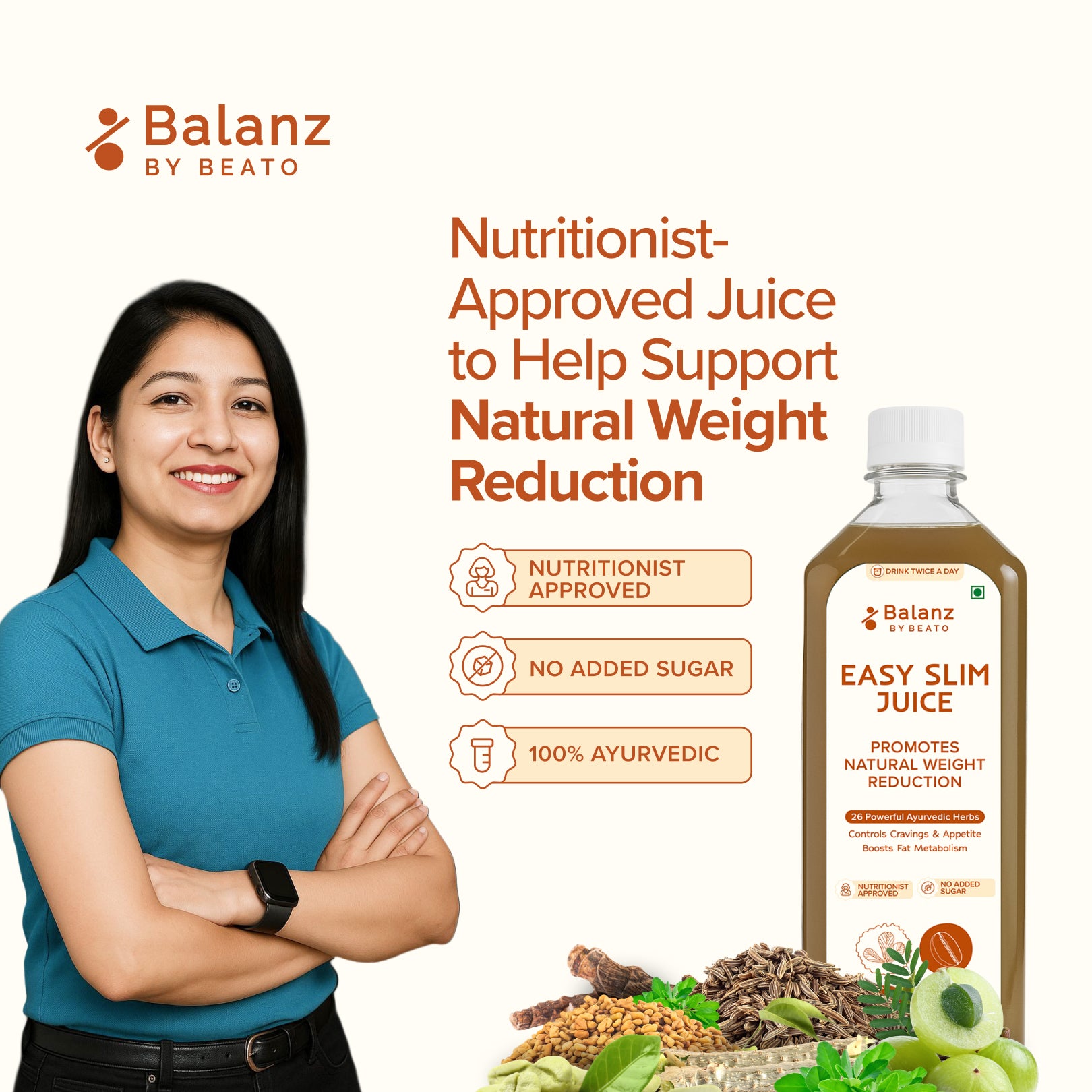 Balanz by Beato juice packaging with a nutritionist and ingredients on a white background