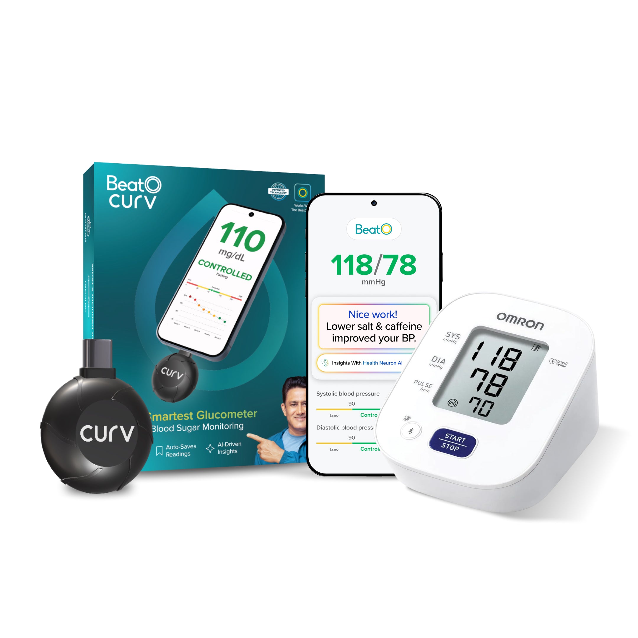 BeatO OMRON HEM-7140T1 Bluetooth BP Monitor & New BeatO Curv Glucometer with 25 Strips 25 Lancets TypeC USB Connector Not compatible with IOS