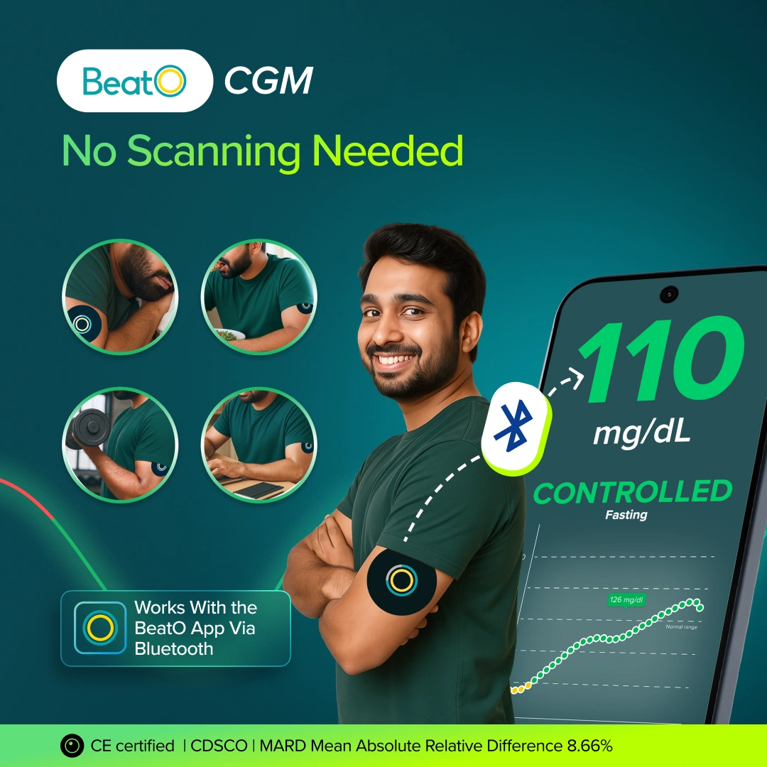 BeatO CGM with BeatO CURV Glucometer FREE 25Strips & 25Lancets Type-C USB Connector | Android Only